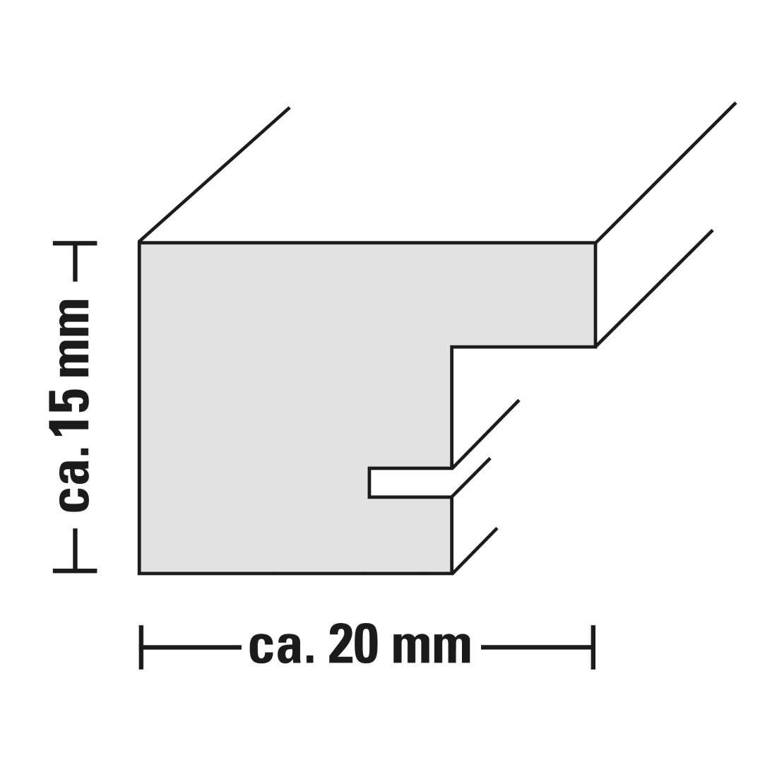 Querschnitt eines Bilderrahmens; Maße sind 15 mm x 20 mm; graue Farbe.