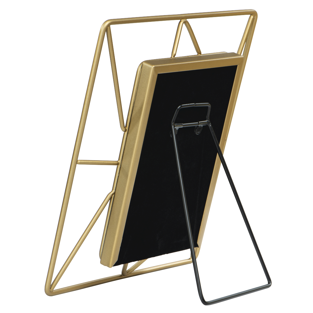 Goldener Metallrahmen mit geometrischem Design. Die Rückseite ist eine schwarze Tafel mit Ständer.