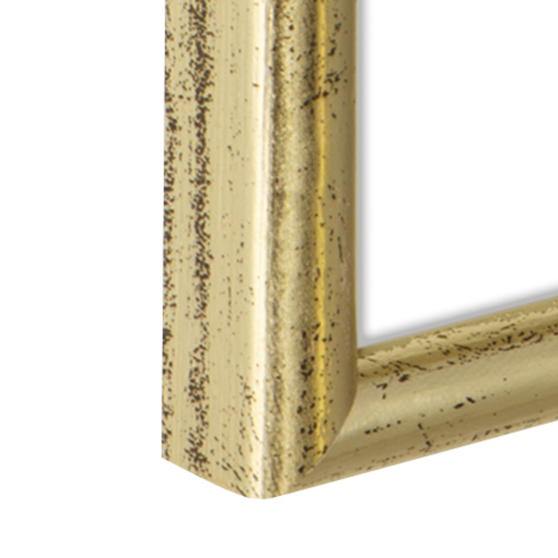 Nahaufnahme einer goldenen Rahmenecke. Der Rahmen hat einen abgenutzten Look.