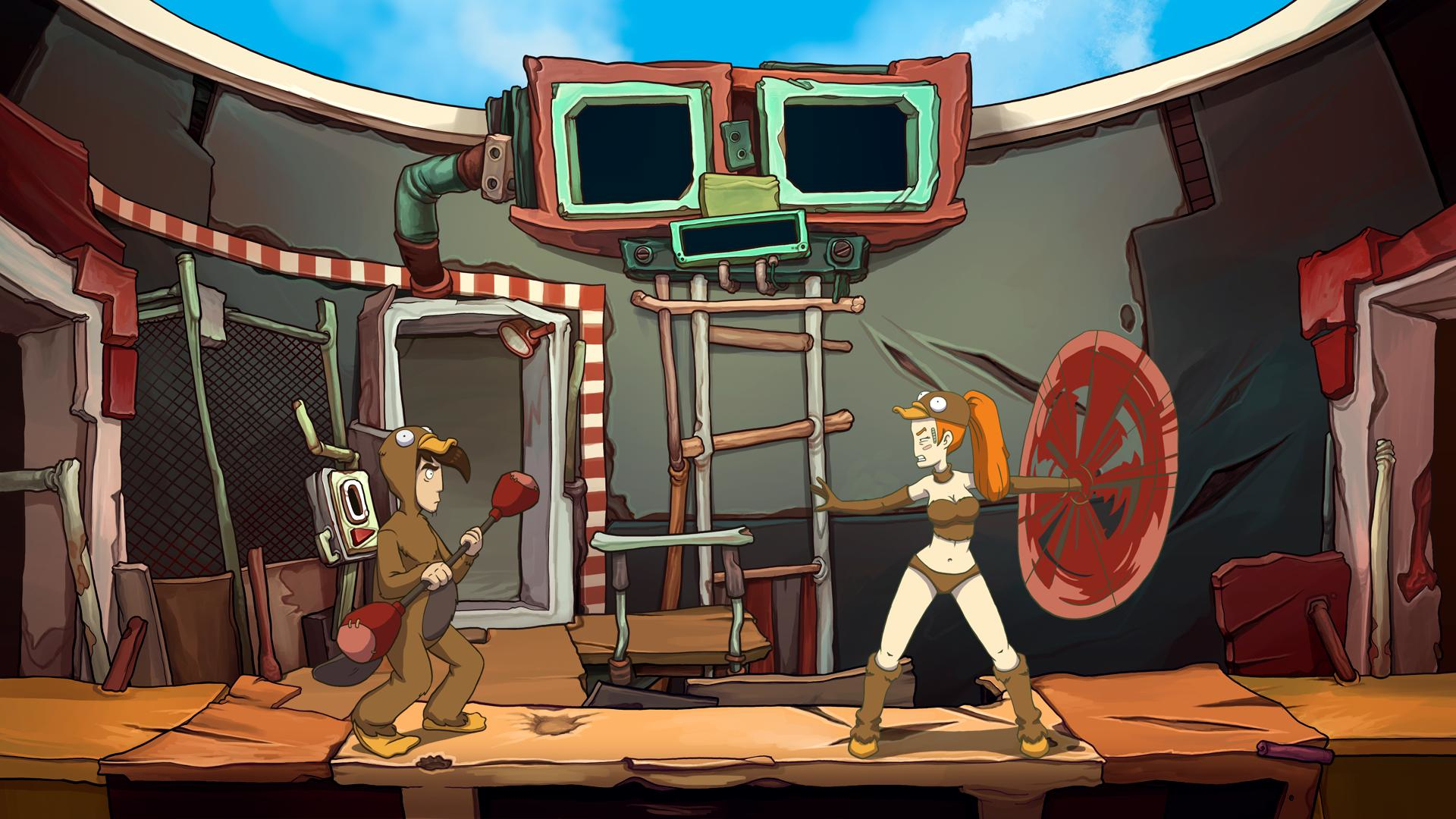 Dwie postacie z kreskówek walczą w futurystycznym otoczeniu. Jeden ma kostium niedźwiedzia z przepychaczką. Drugi ma tarczę.