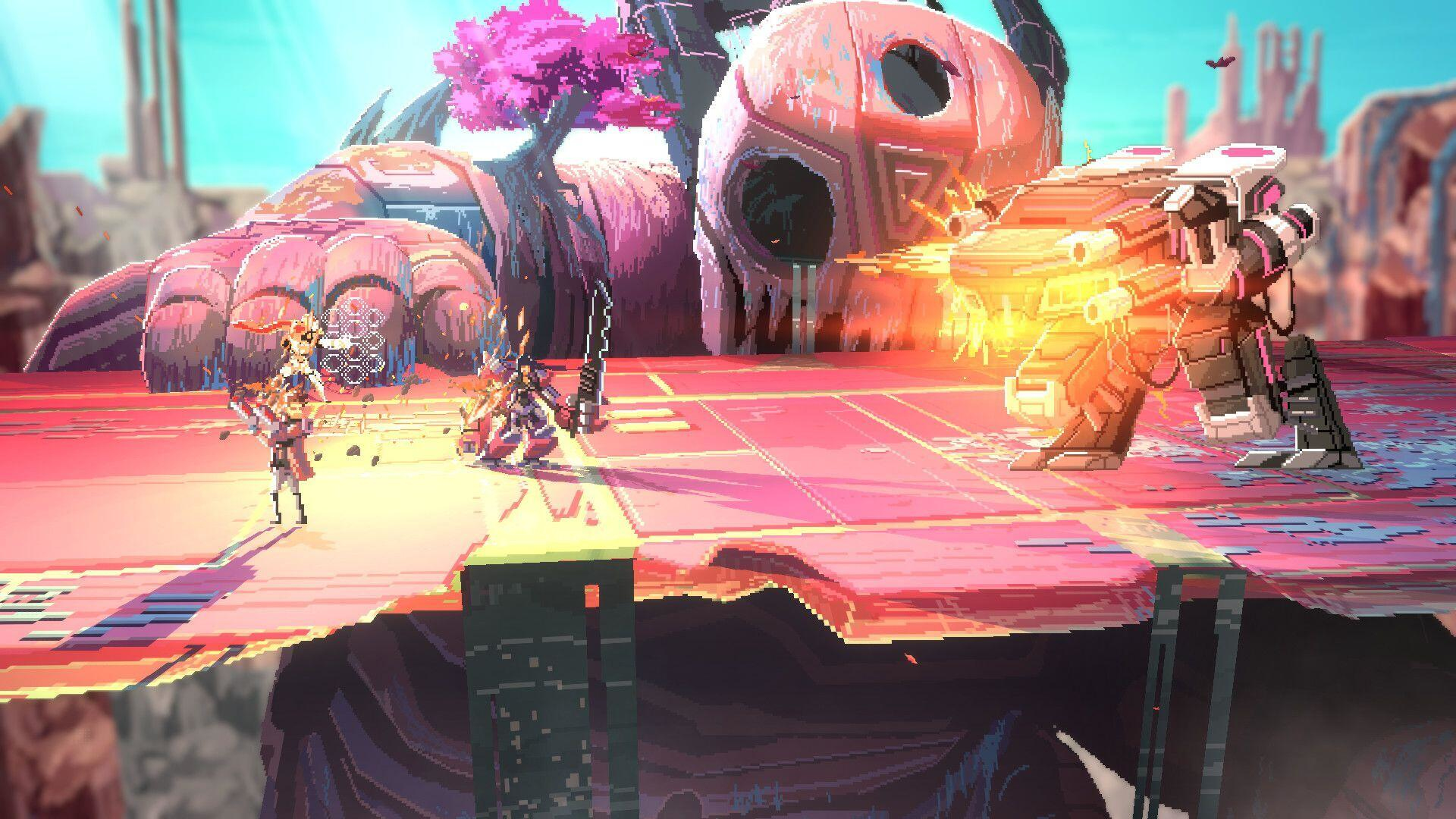 Spikselowana scena z gry z futurystycznymi robotami i postaciami w walce.