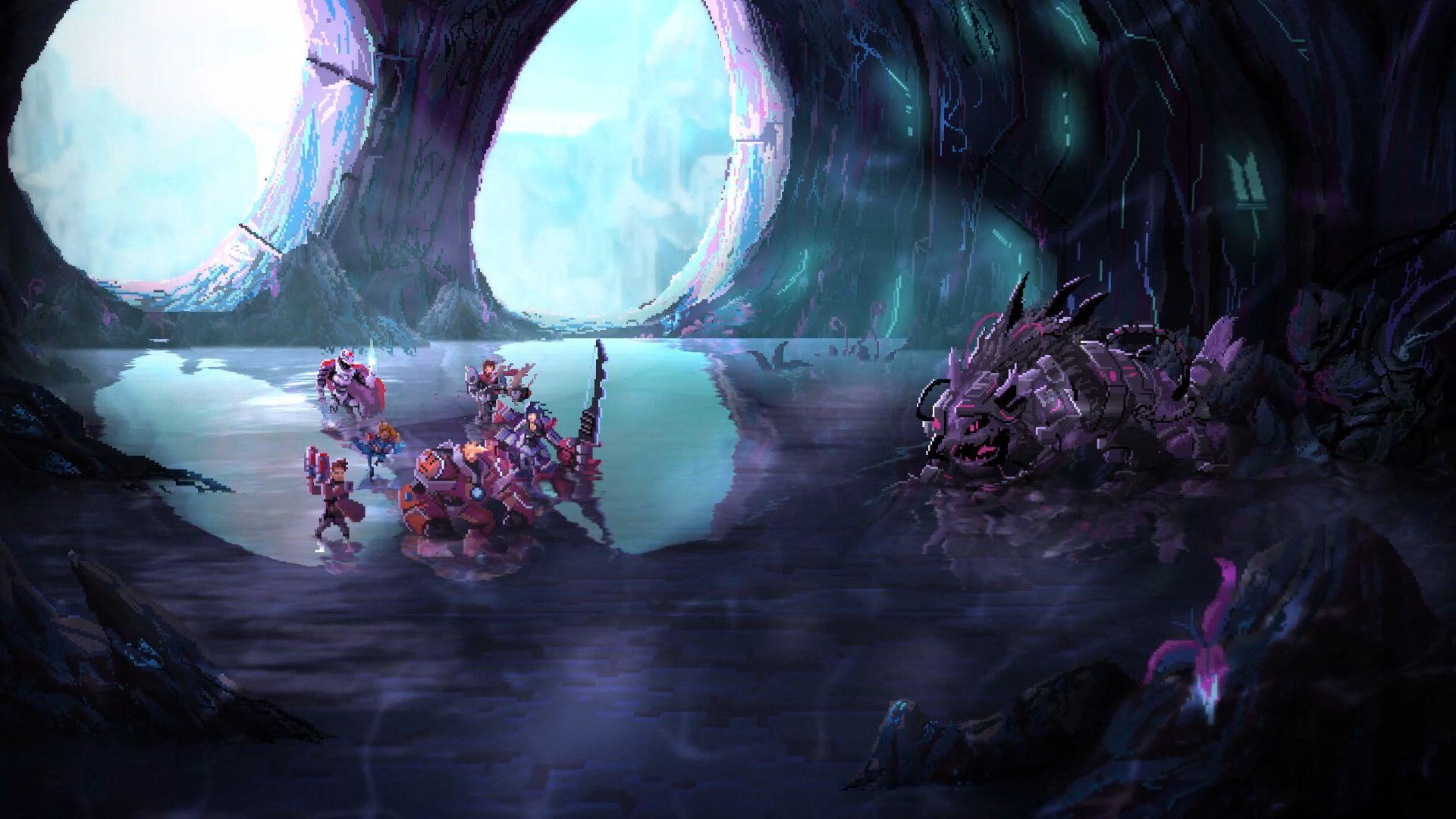 Pikselowany obraz ciemnej jaskini z walczącymi postaciami. Duży potwór jest w tle.