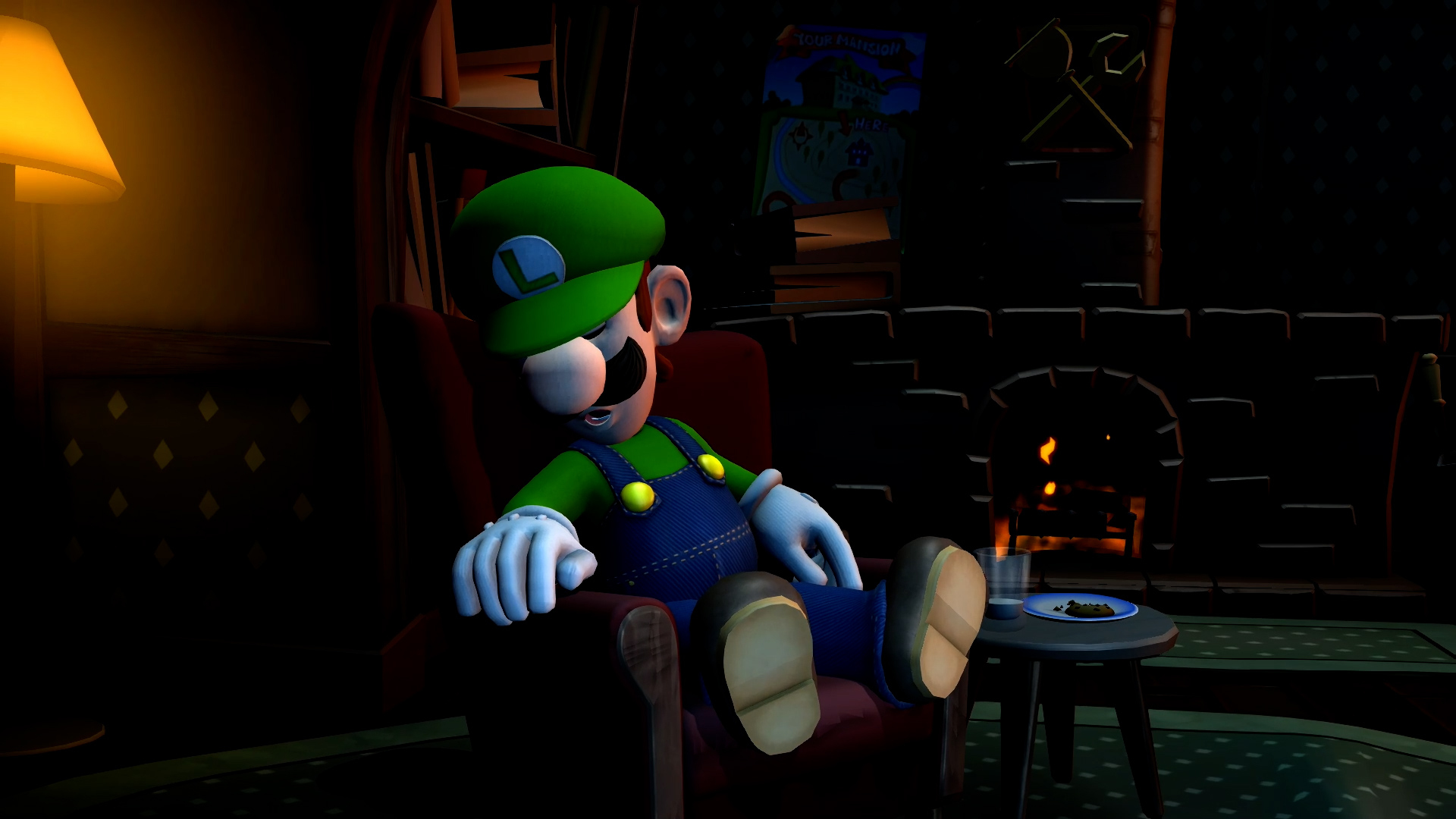 Luigi endormi dans une chaise. Une lampe et une cheminée sont dans la scène.