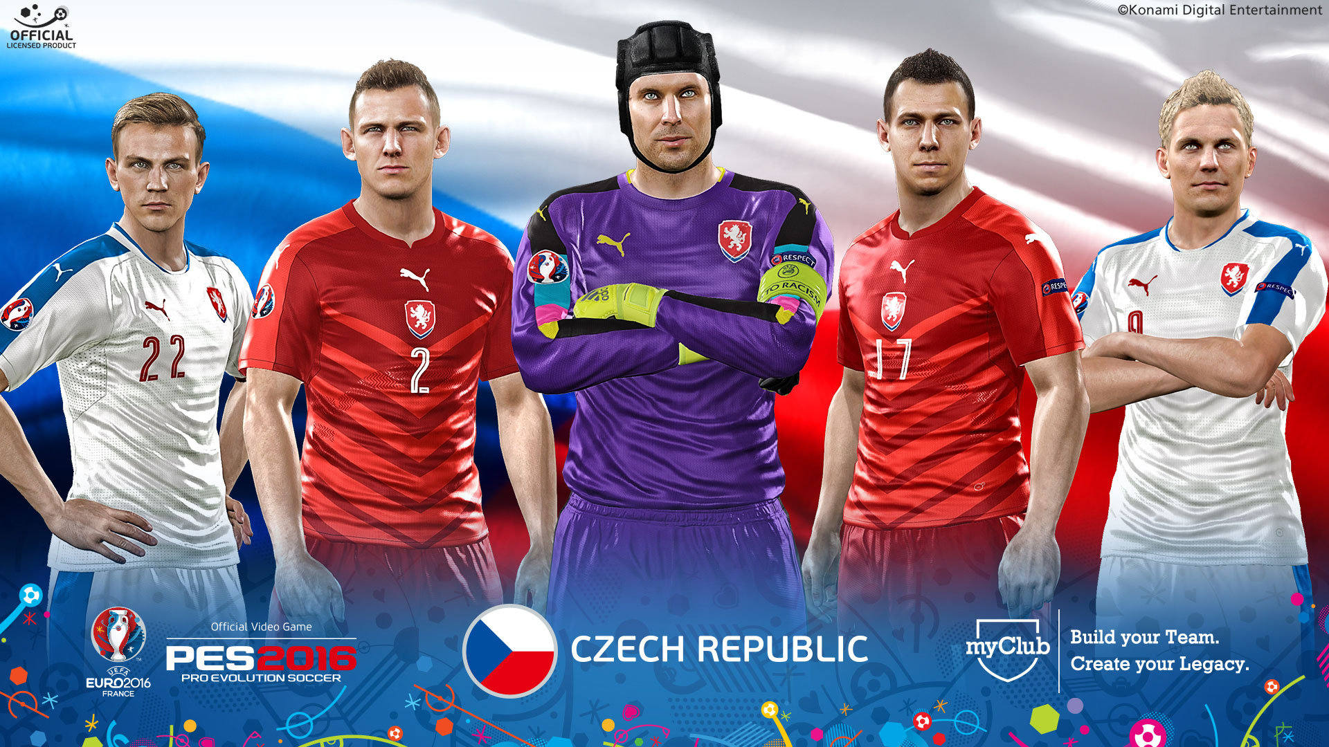 Ein Fußballspiel-Cover mit einer Gruppe von Spielern in Trikots der Tschechischen Republik.