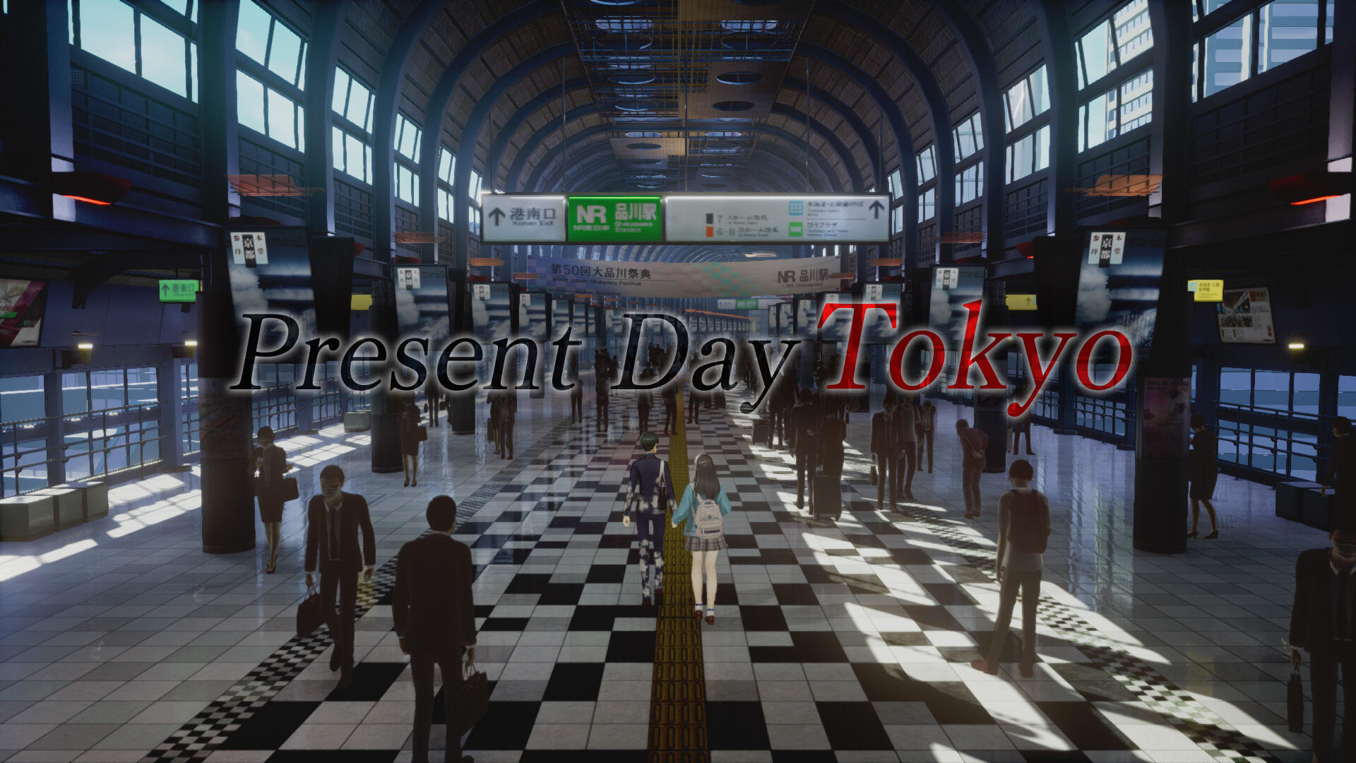 Współczesne Tokio, ludzie chodzą na stacji kolejowej ze znakami i jasnym światłem.