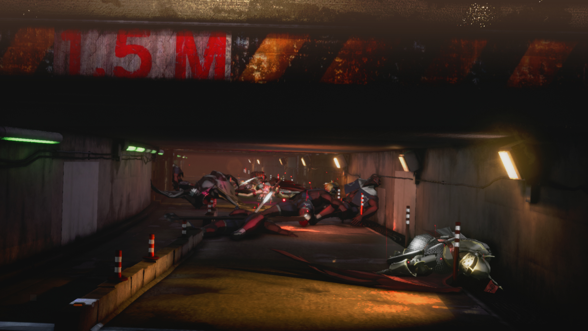 Widok z niskiego kąta tunelu z robotami leżącymi na ziemi i czerwonymi liniami.