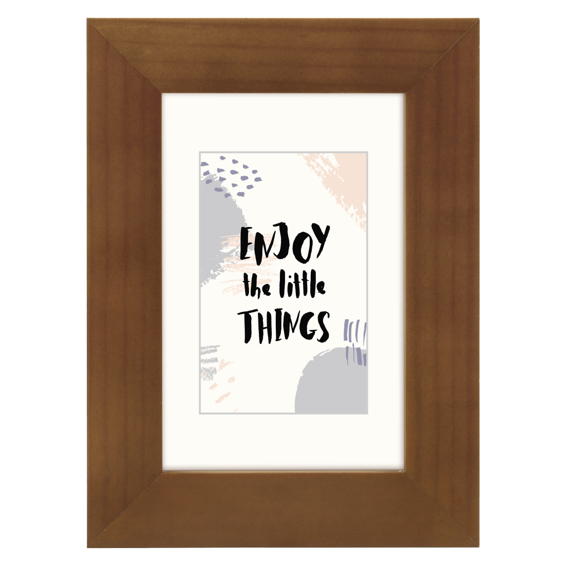 Ein gerahmtes Bild mit den Worten 'ENJOY the little THINGS' in einem Holzrahmen.