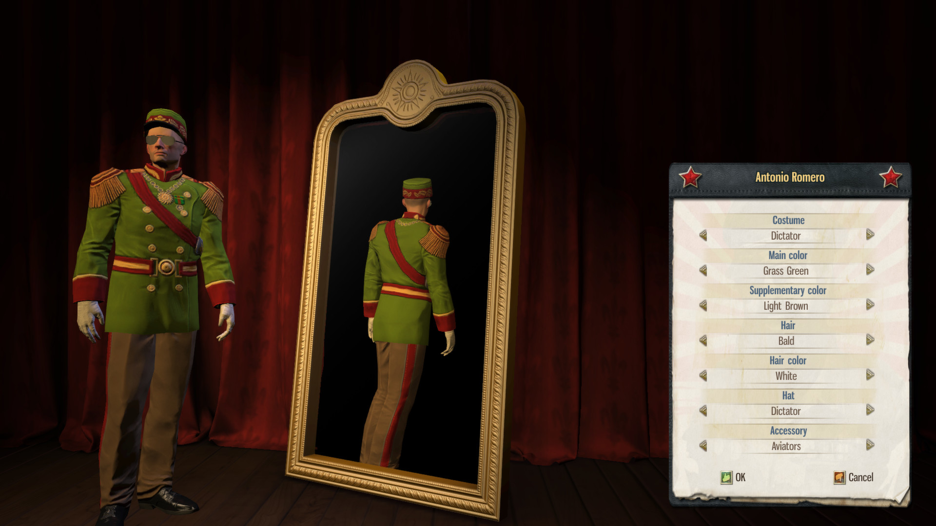 Spieloberfläche, die einen Charakter in grüner Uniform in einem Spiegel zeigt.
