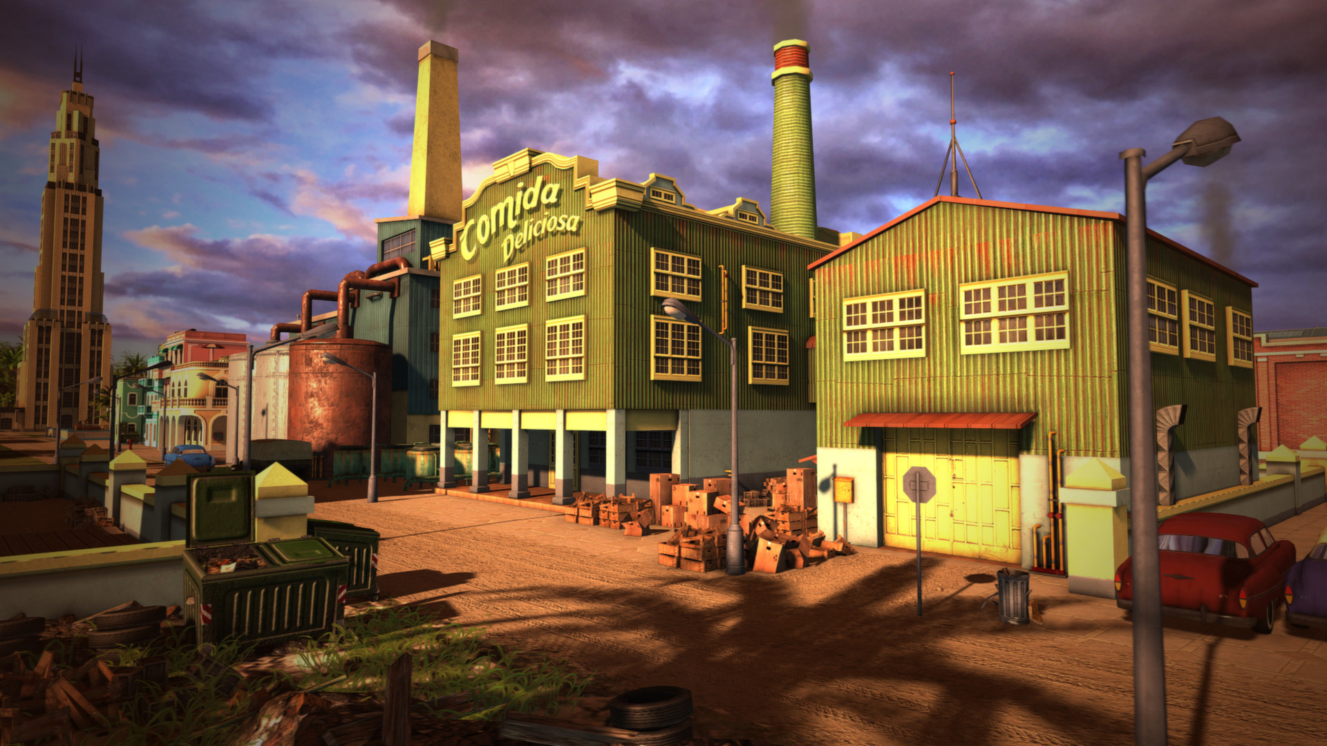 Eine Industrieszene mit Fabrik, Schornsteinen und dem Schild 'Comida Deliciosa'.