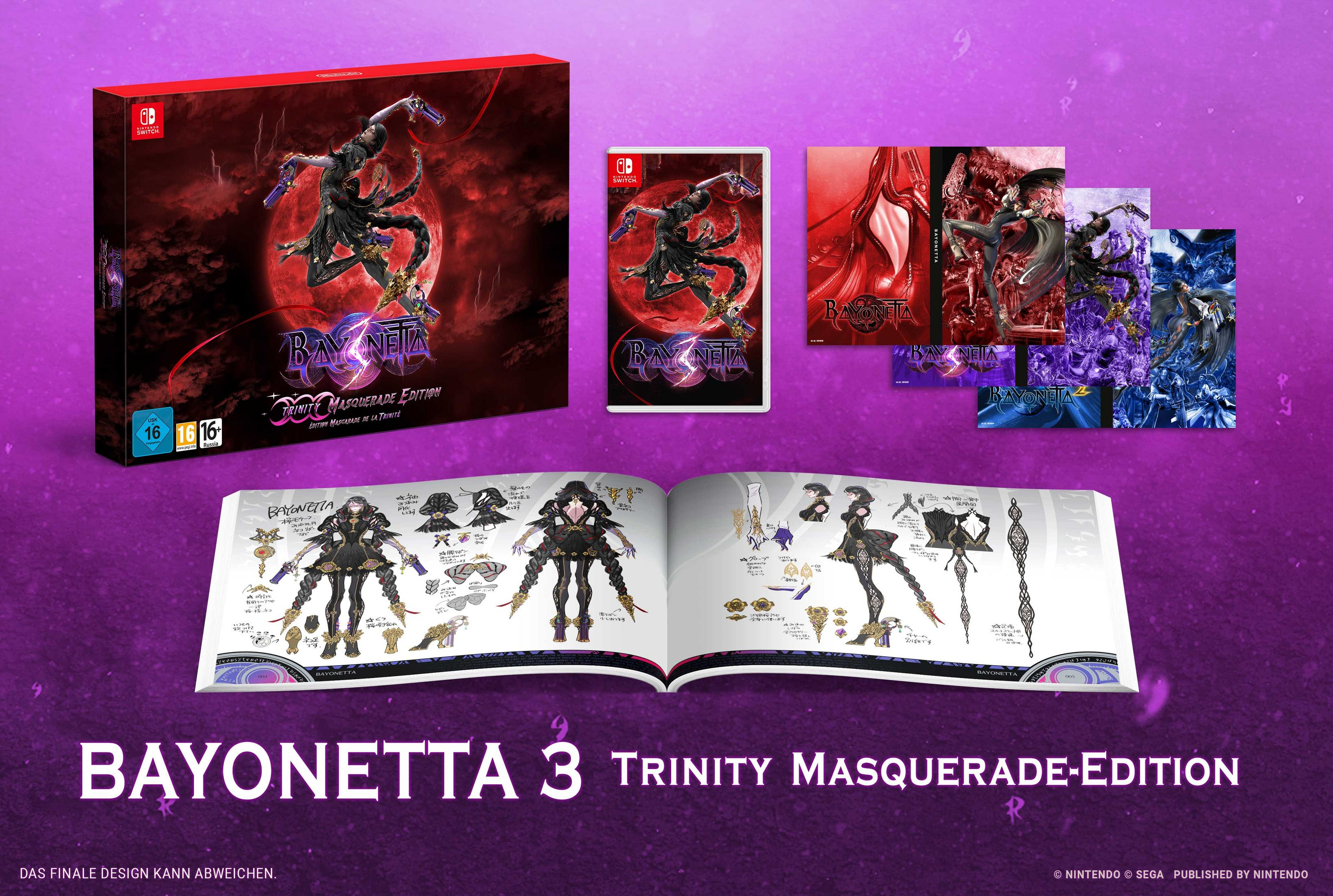 Bayonetta 3 Trinity Masquerade Edition Box-Set mit Spiel, Artbook und zusätzlichen Artikeln.