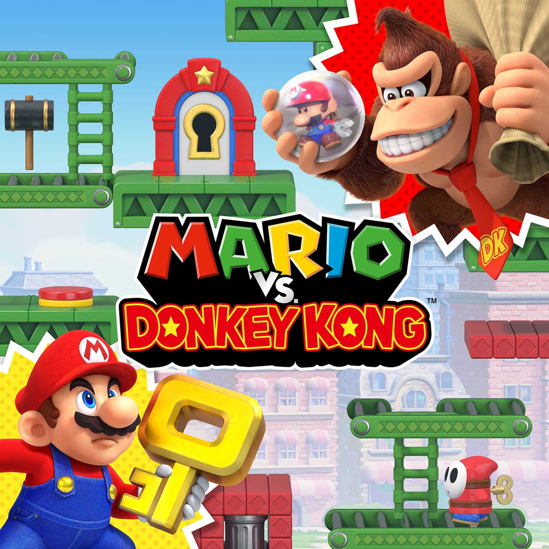 Scena z gry Mario vs Donkey Kong. Mario z kluczem, Donkey Kong i Shy Guy.