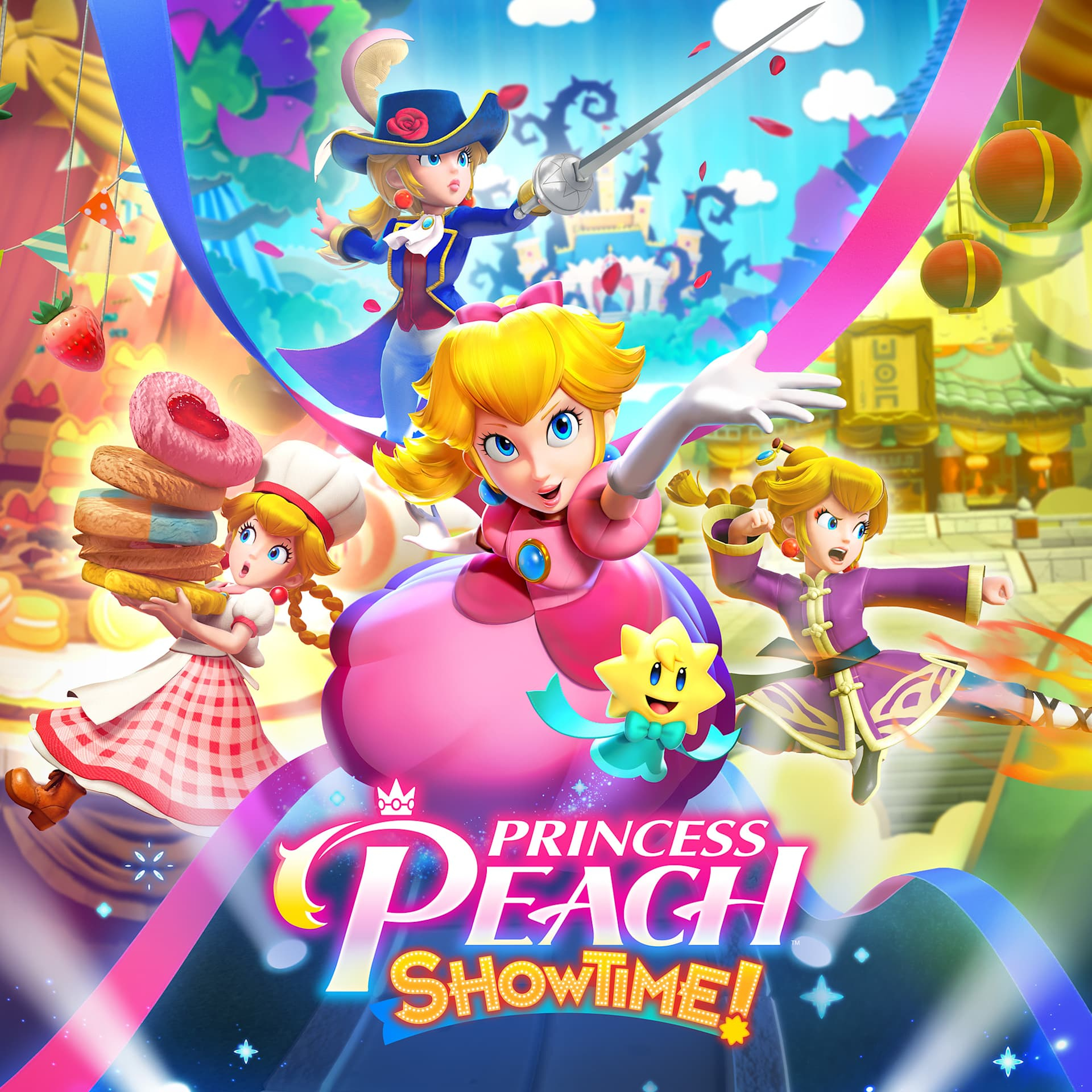 Grafika gry Princess Peach Showtime. Peach i inne postacie występują na scenie z dekoracjami.