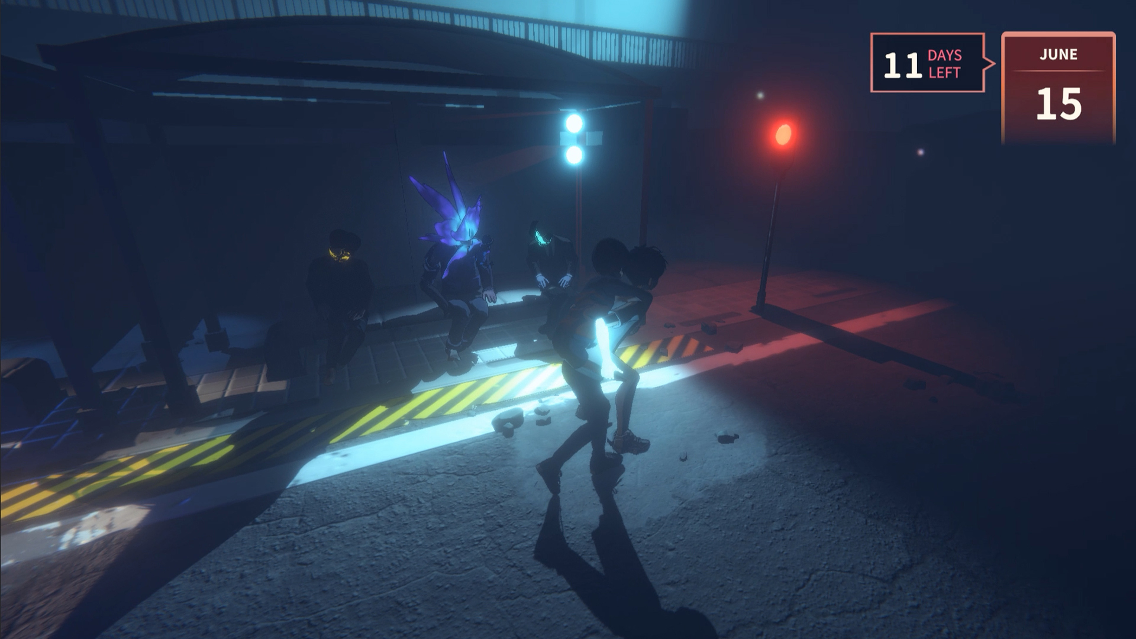 Postacie na przystanku autobusowym, ciemna scena. Data 15 czerwca. Tekst '11 dni pozostało'. Czerwone światło stopu włączone.