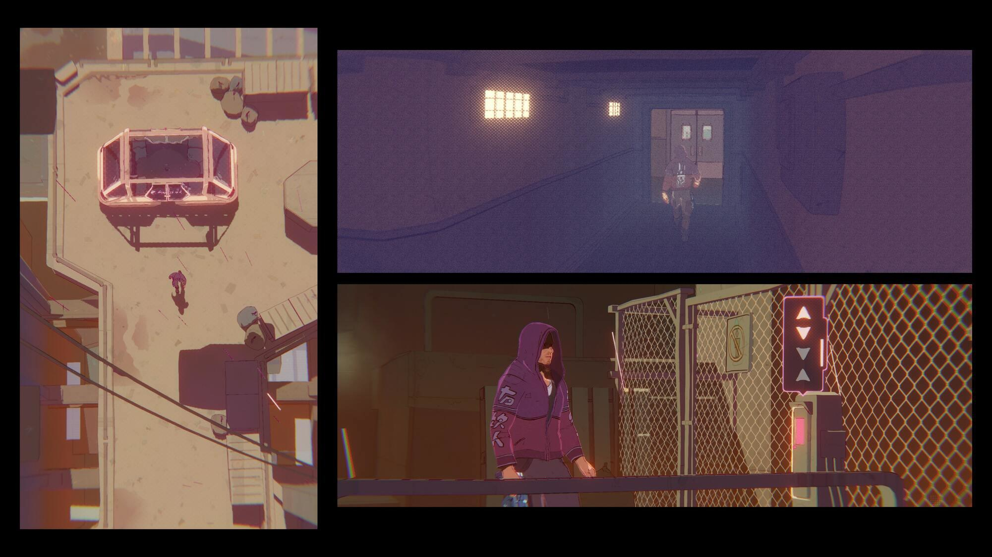 Obraz w trzech panelach. Jeden przedstawia osobę na dachu, dwa kolejne osobę w korytarzu.