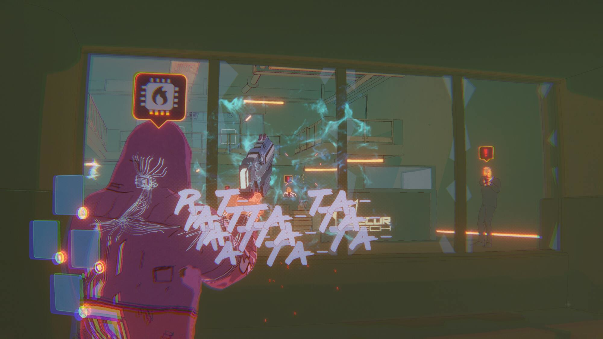 Osoba strzelająca z broni do innych postaci. Scena z gry wewnątrz budynku. Widoczne dymki z tekstem.