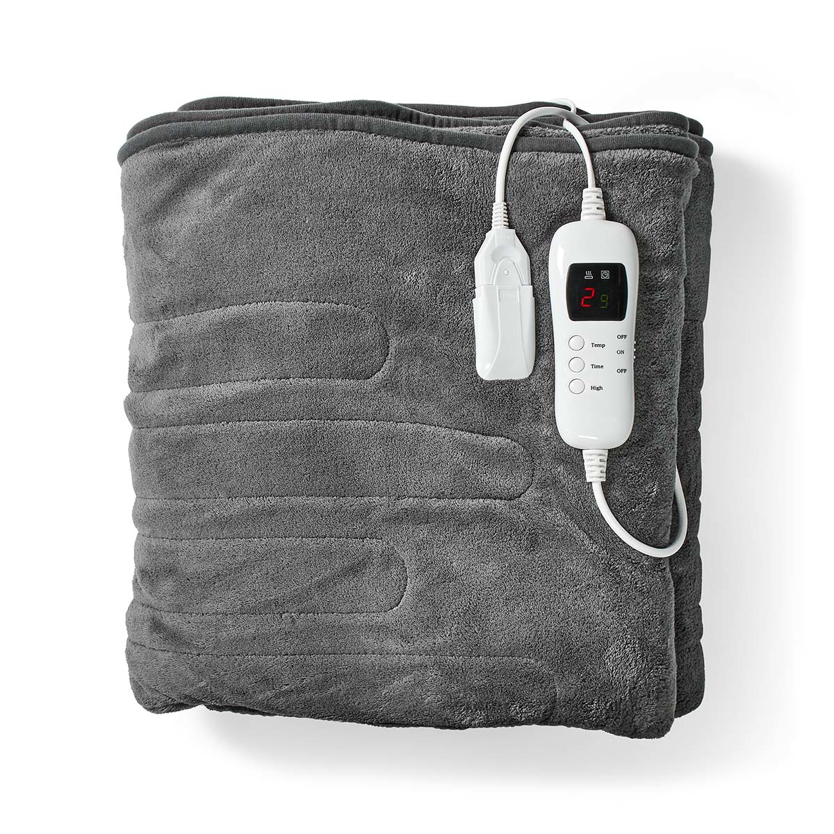 A grey heated blanket with a control panel, lying flat on a white surface.