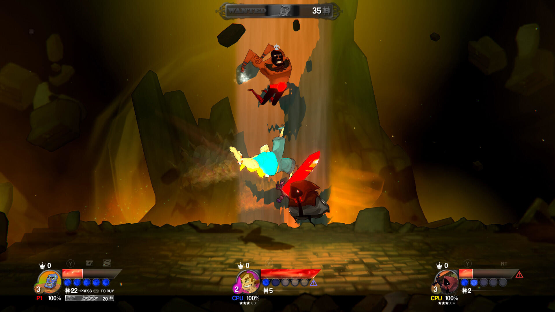 Scena z gry walki z postaciami z kreskówek w powietrzu, na pomarańczowo-żółtym tle.