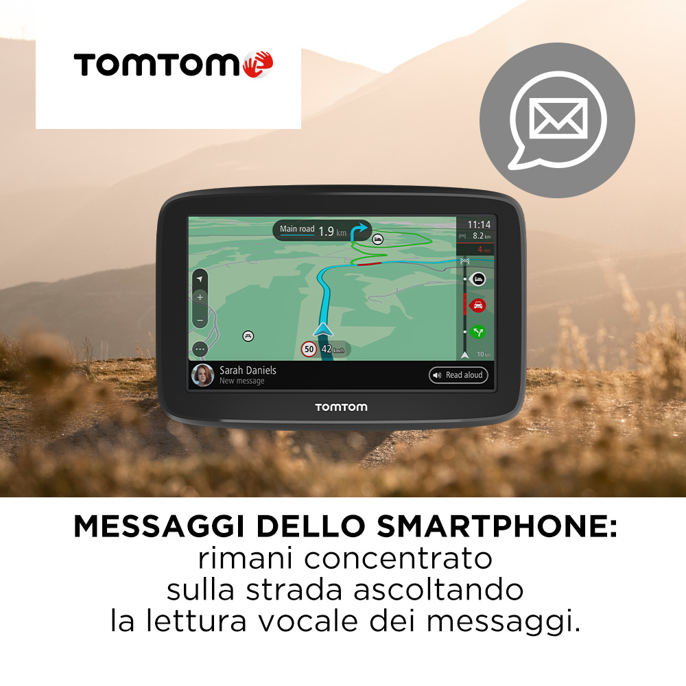 Ein TomTom GPS-Gerät zeigt eine Karte mit einer Nachricht und einem landschaftlichen Hintergrund.