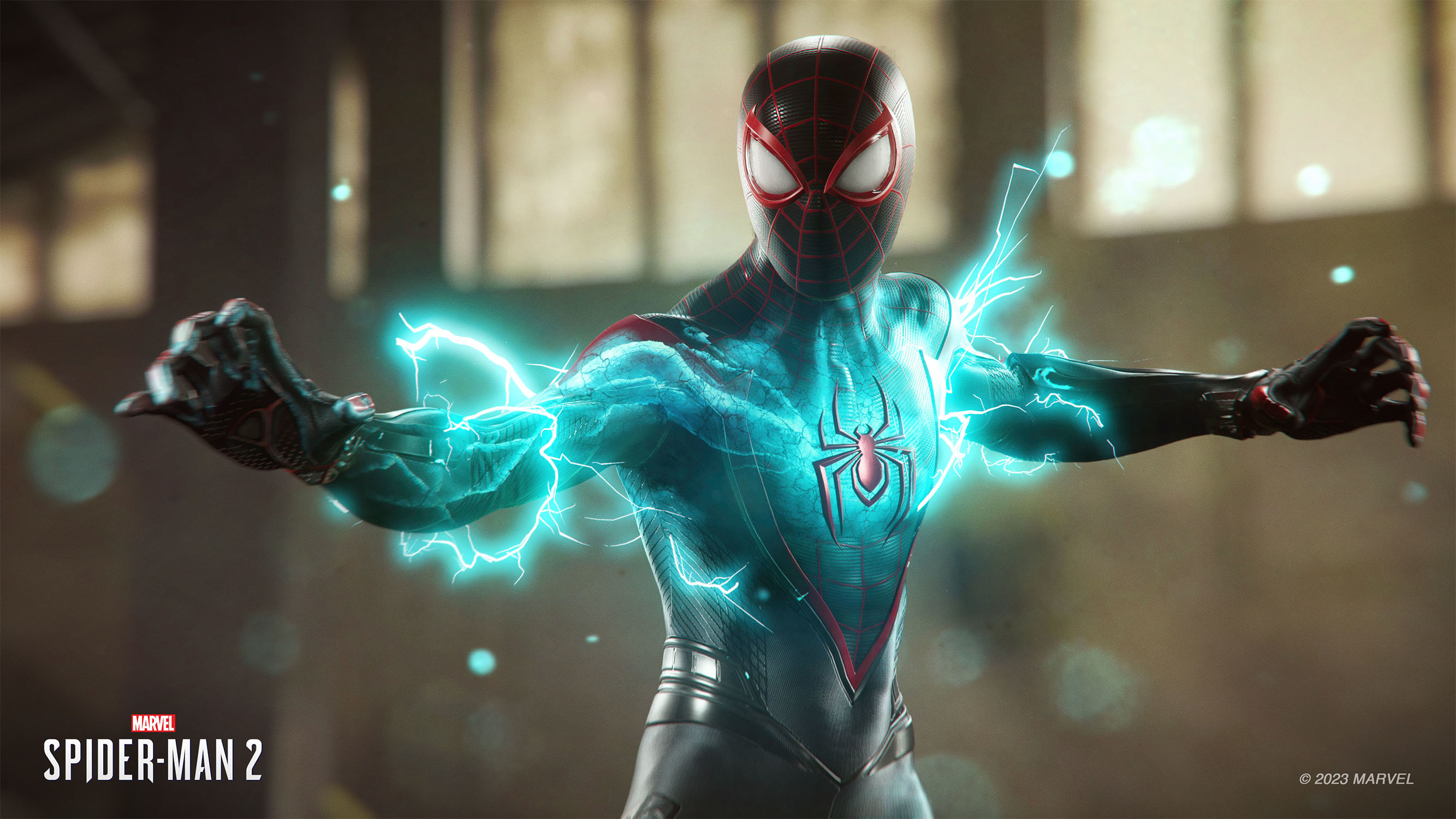 Spiderman in azione, energia blu, in un'ambientazione scura, logo Spider-Man 2.