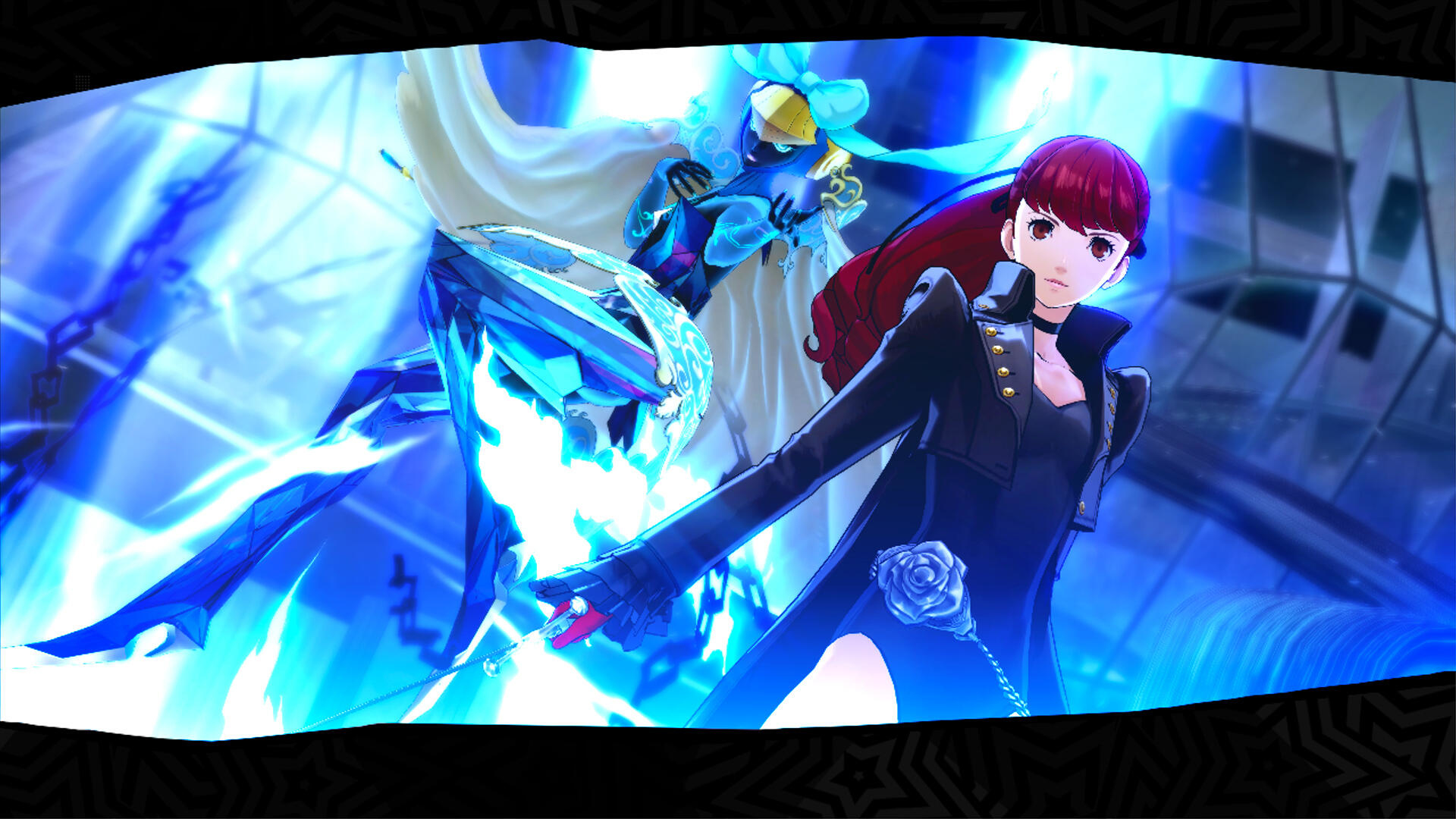 Anime-Charaktere in einer Kampfszene, mit blauen Energieeffekten und Banner.