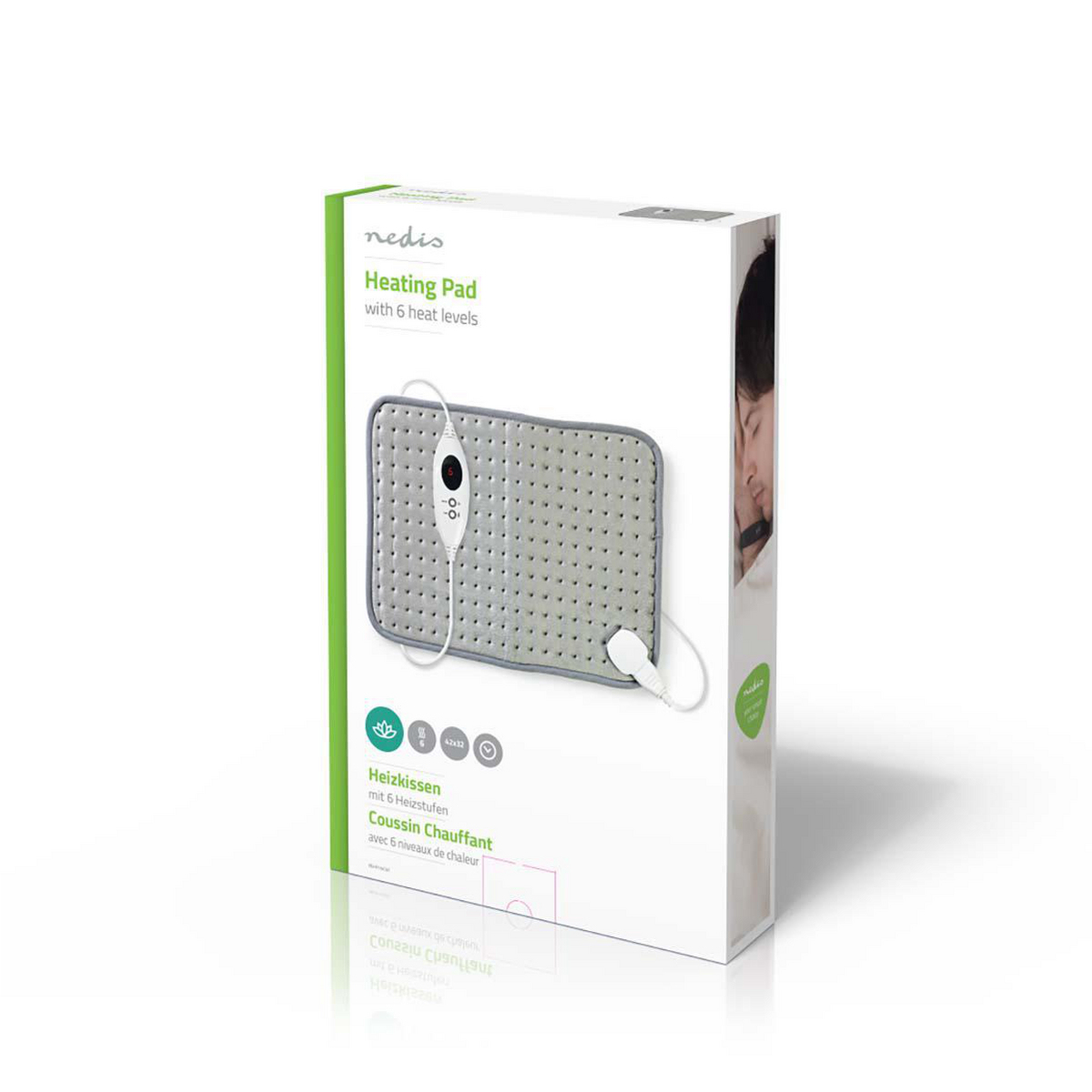 Pudełko poduszki grzewczej ze zdjęciem produktu i tekstem: Poduszka grzewcza z 6 poziomami ciepła.