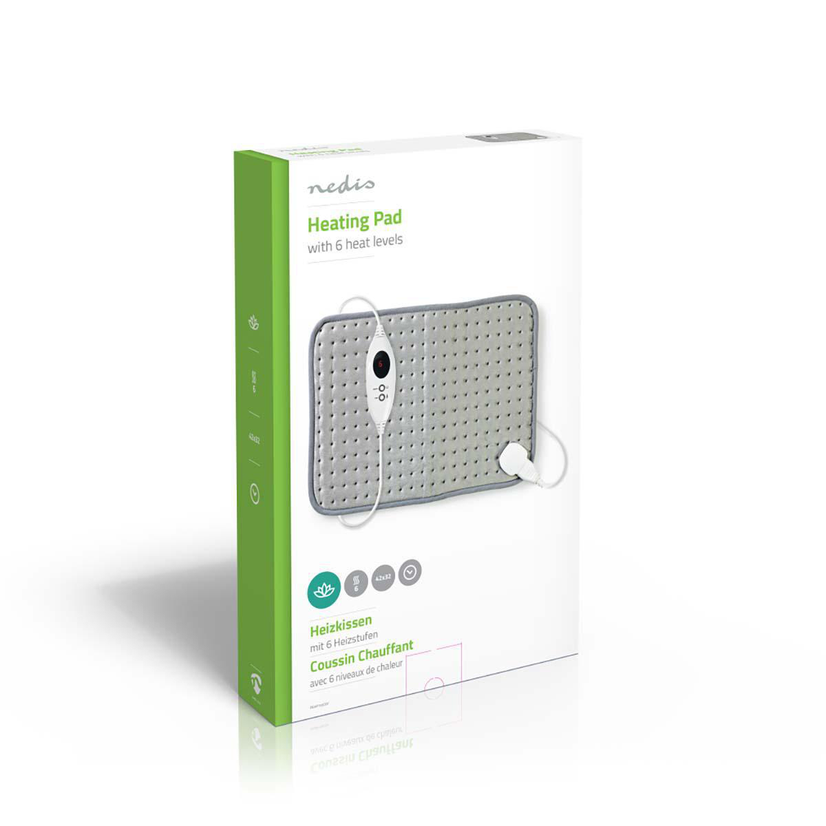 Pudełko poduszki grzewczej ze zdjęciem produktu i tekstem: Poduszka grzewcza z 6 poziomami ciepła.