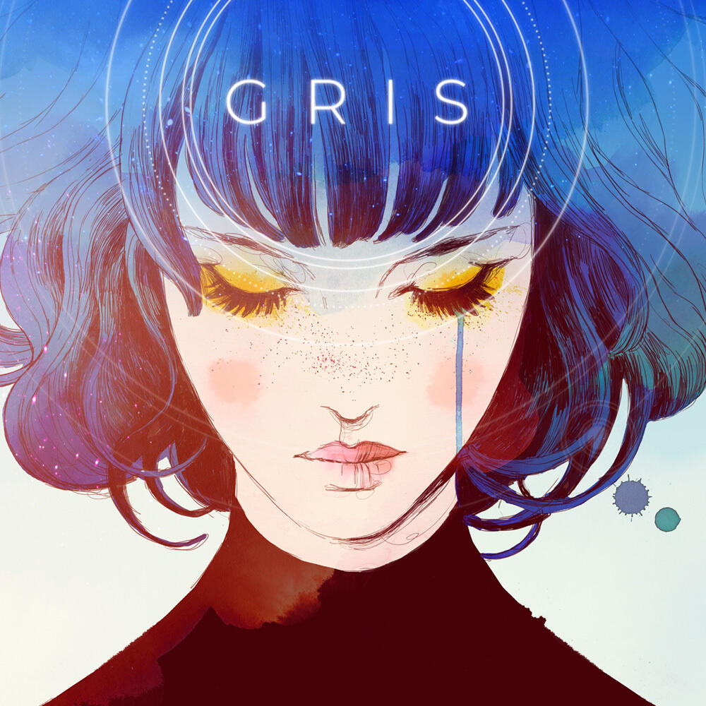 Frau mit blauen Haaren und gelbem Augen-Make-up. Das Wort GRIS steht über ihrem Kopf.