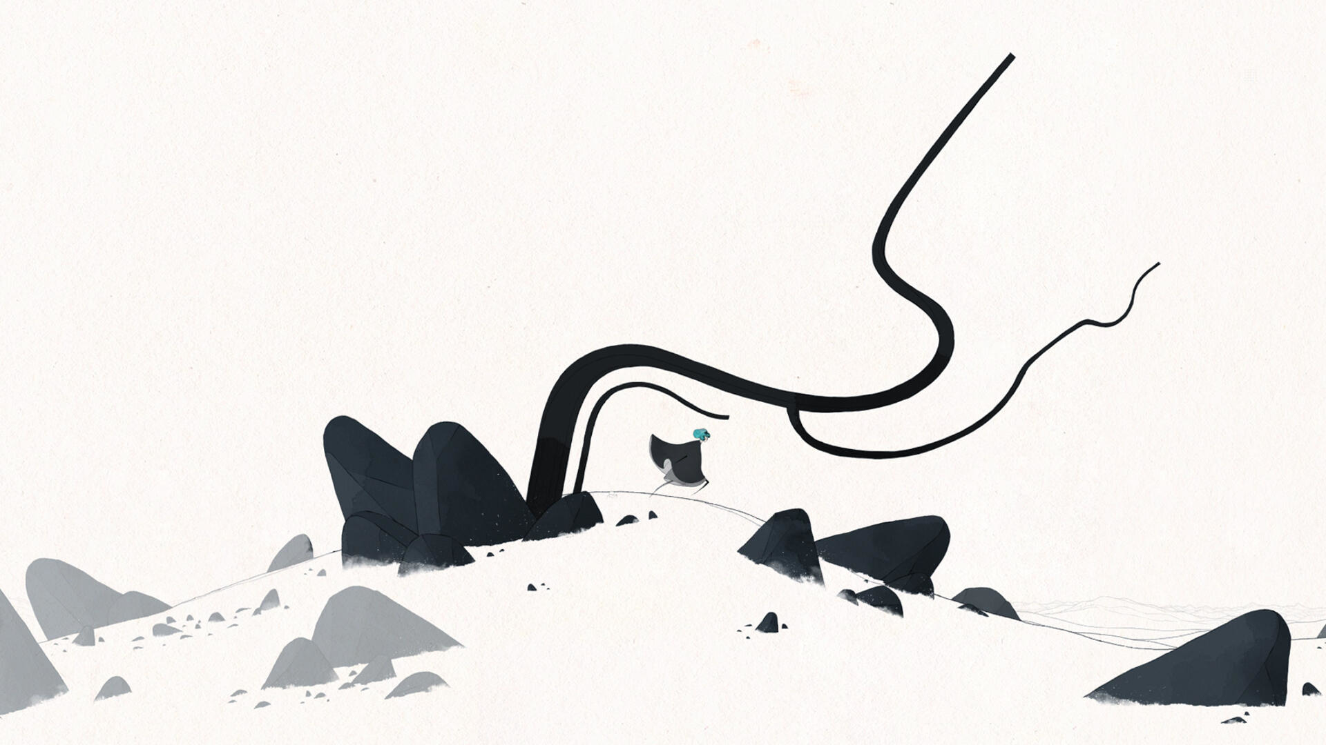 Eine minimalistische Illustration einer Figur, die auf einem schneebedeckten Hügel mit einem Ast geht.