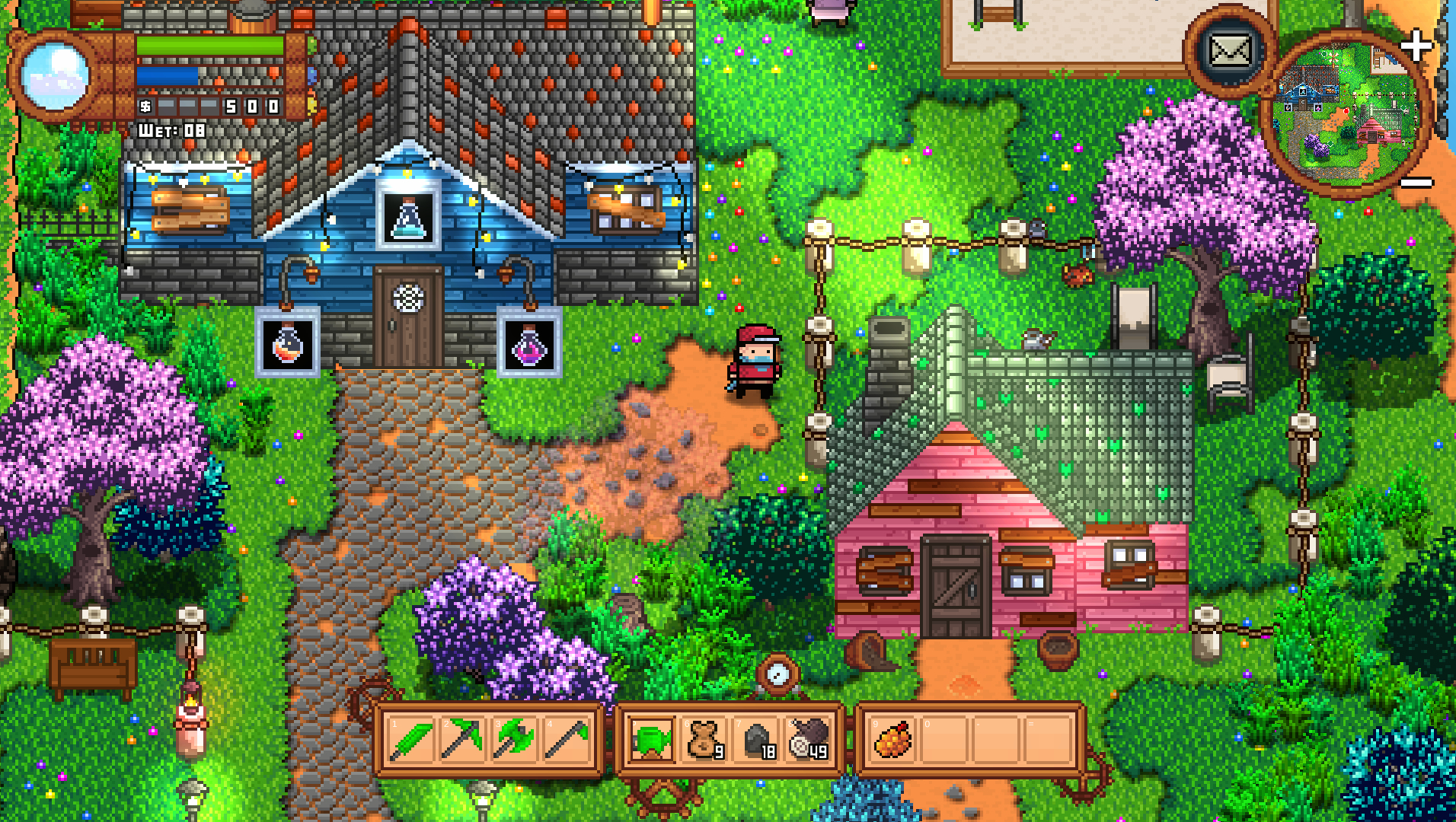 Eine Pixel-Art-Spielszene von oben mit zwei Häusern, einem Pfad, Blumen und einer Person in der Mitte.
