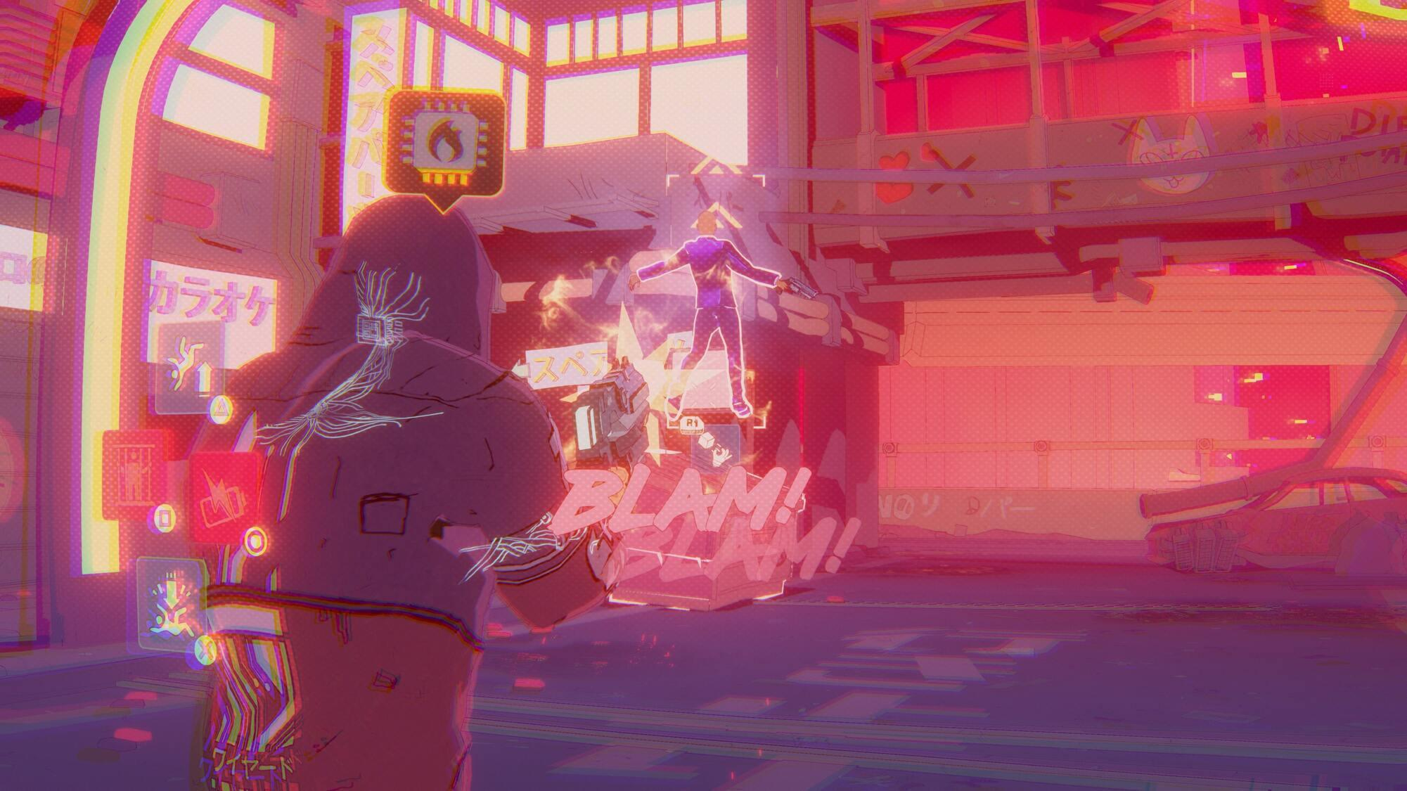 Osoba strzelająca w mieście, z osobą latającą w powietrzu i dużym napisem 'BLAM! BLAM!'