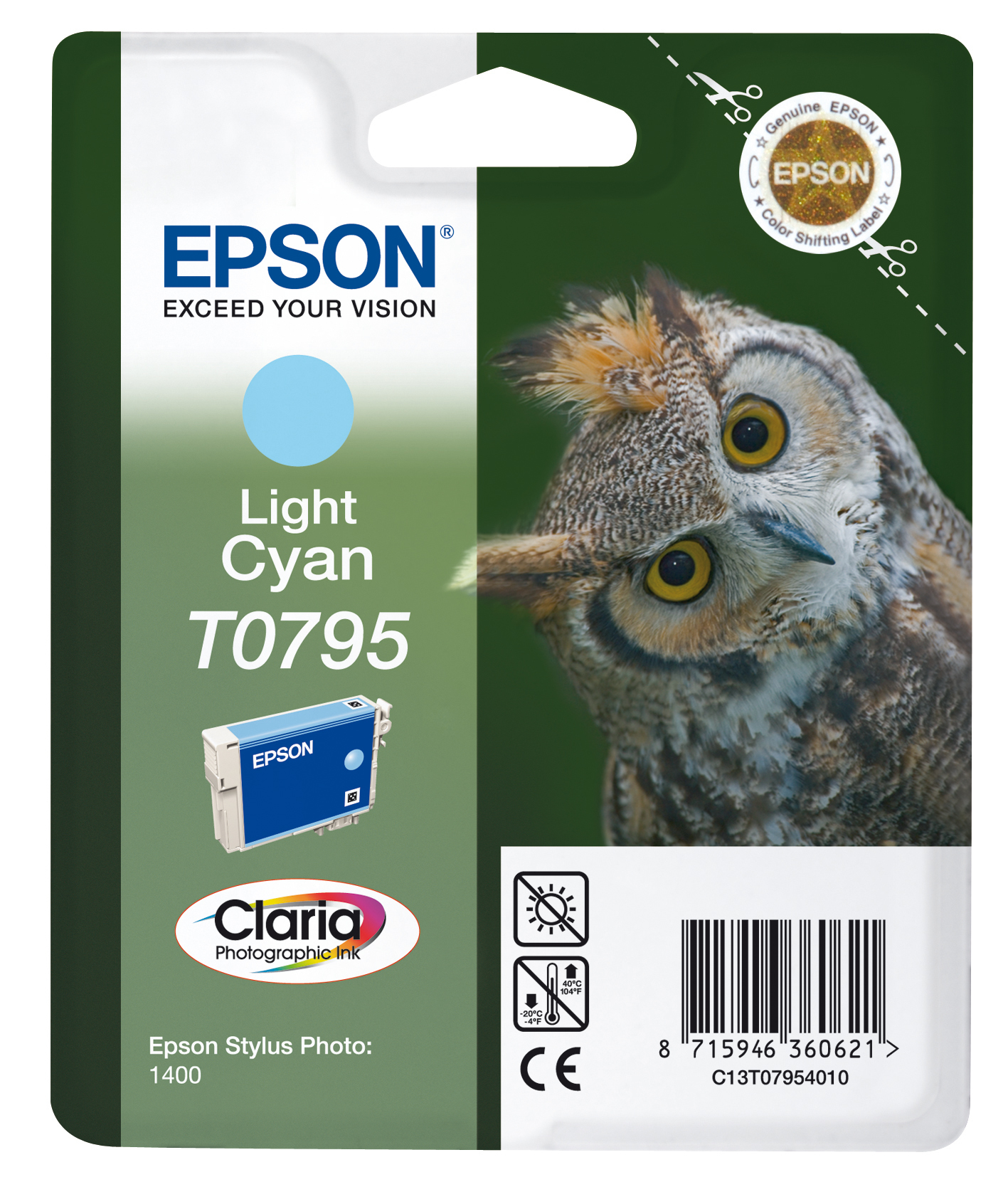 Una confezione di cartucce d'inchiostro Epson con un gufo, inchiostro ciano chiaro e dettagli del prodotto.