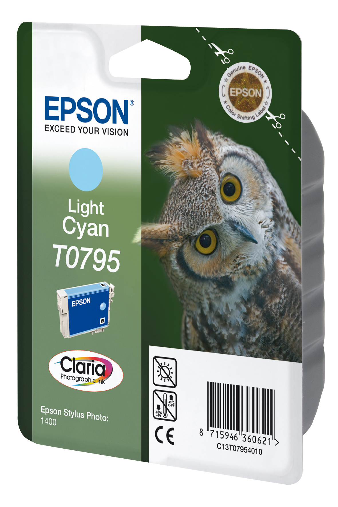 Una confezione di cartucce d'inchiostro Epson con un gufo, inchiostro ciano chiaro e informazioni sul prodotto.