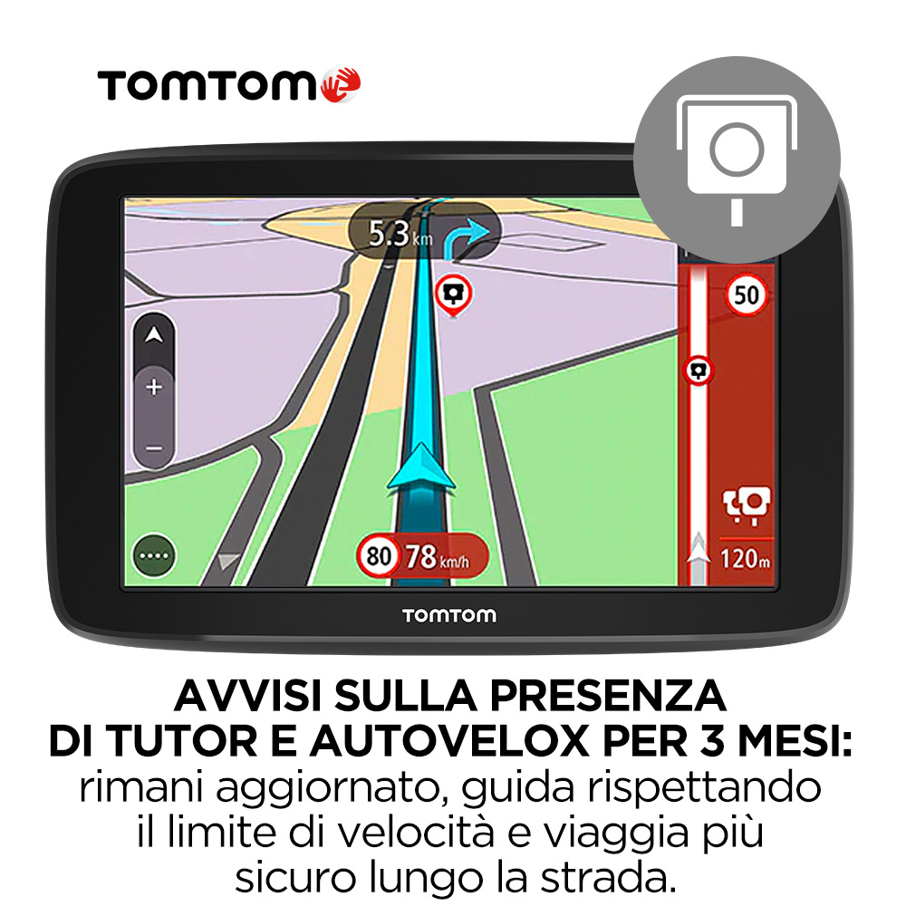 GPS TomTom wyświetlający mapę z ostrzeżeniami o prędkości i kamerach. Logo TomTom w lewym górnym rogu.