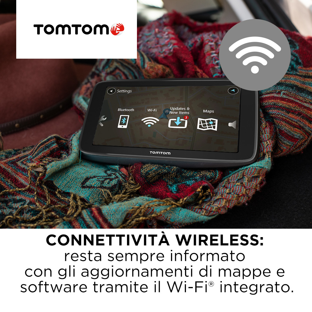 Urządzenie GPS TomTom na szaliku, ze symbolem Wi-Fi i tekstem.