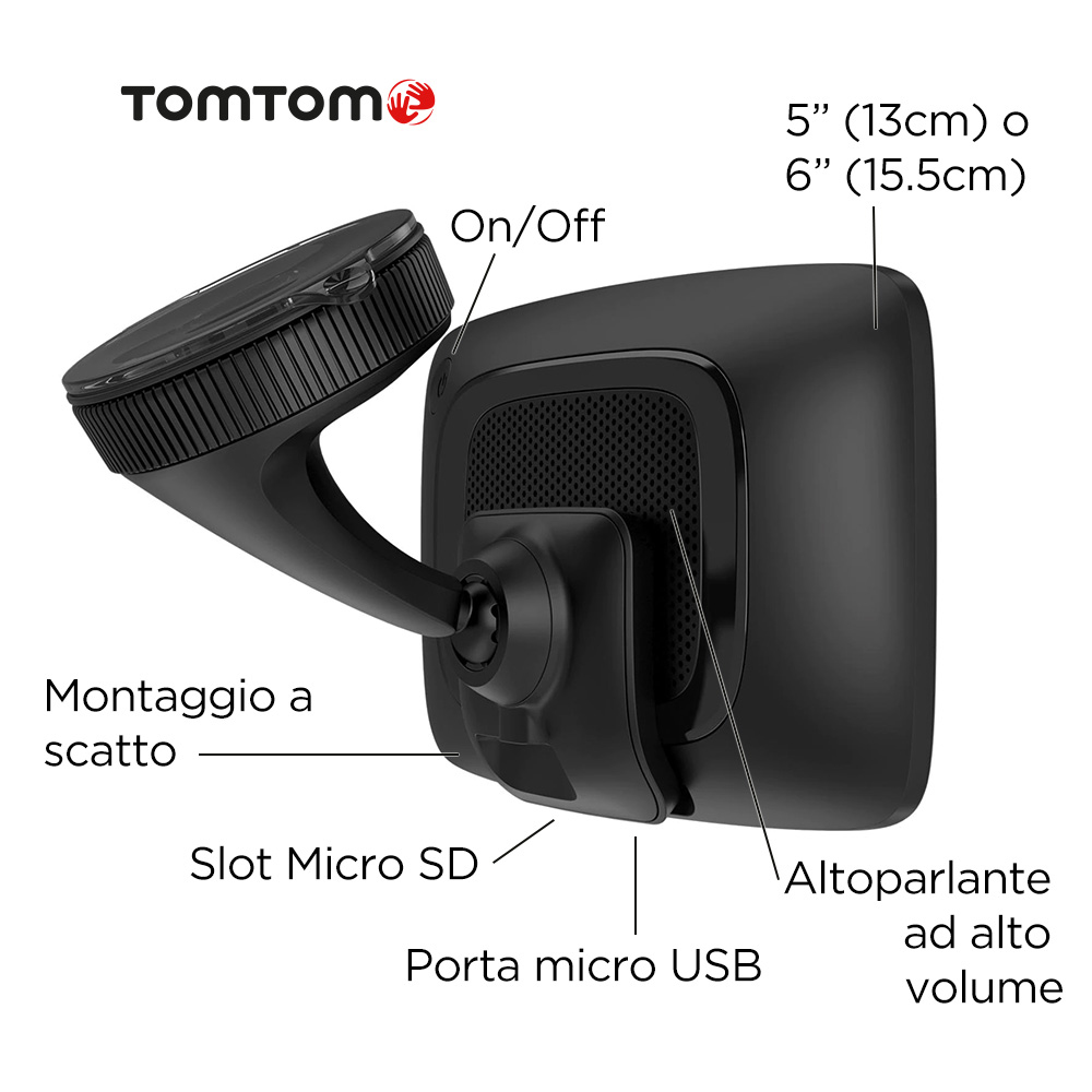 Ein schwarzes TomTom GPS-Gerät mit beschrifteten Funktionen und einer Saugnapfhalterung.