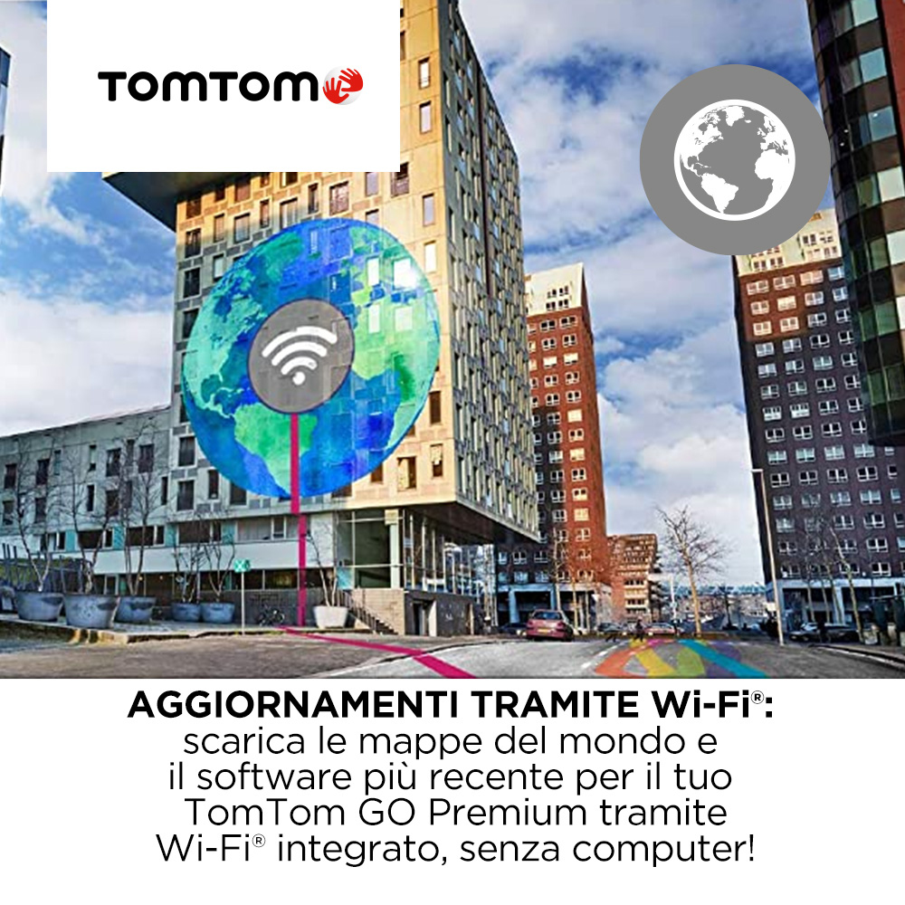 TomTom GPS-Gerät mit Gebäuden und WLAN-Symbol im Hintergrund.