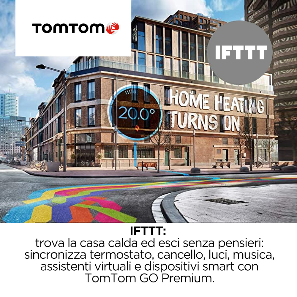 Ein Gebäude mit TomTom-Logo, regenbogenfarbener Straße und IFTTT-Text. Eine Temperaturanzeige wird ebenfalls angezeigt.