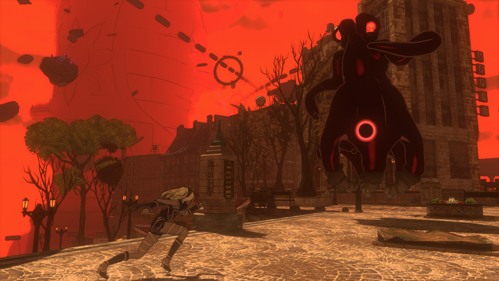 Anime-Stil Bild. Eine Frau rennt vor einem Monster in einer Stadt. Roter Hintergrund.