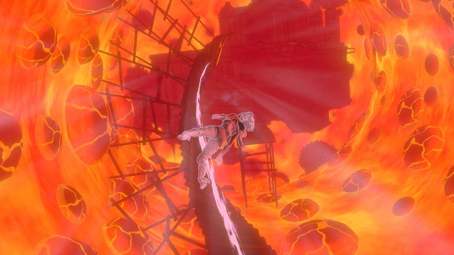 Anime-Stil Bild. Eine Figur fällt in einer feurigen Umgebung. Roter Hintergrund.