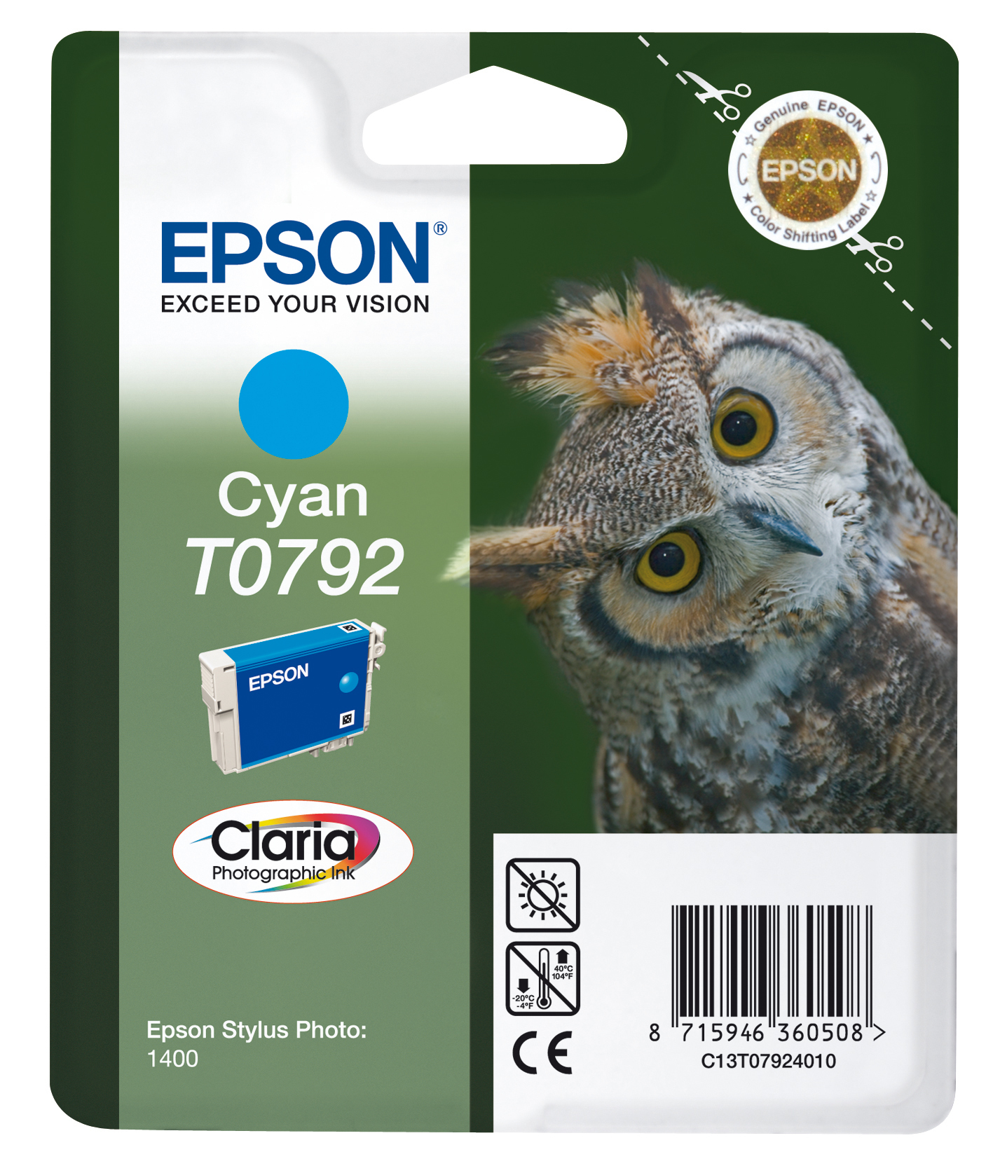 Epson Cyan Tintenpatronenverpackung mit Eulenbild und Epson-Logo. Cyan-Tinte ist sichtbar.