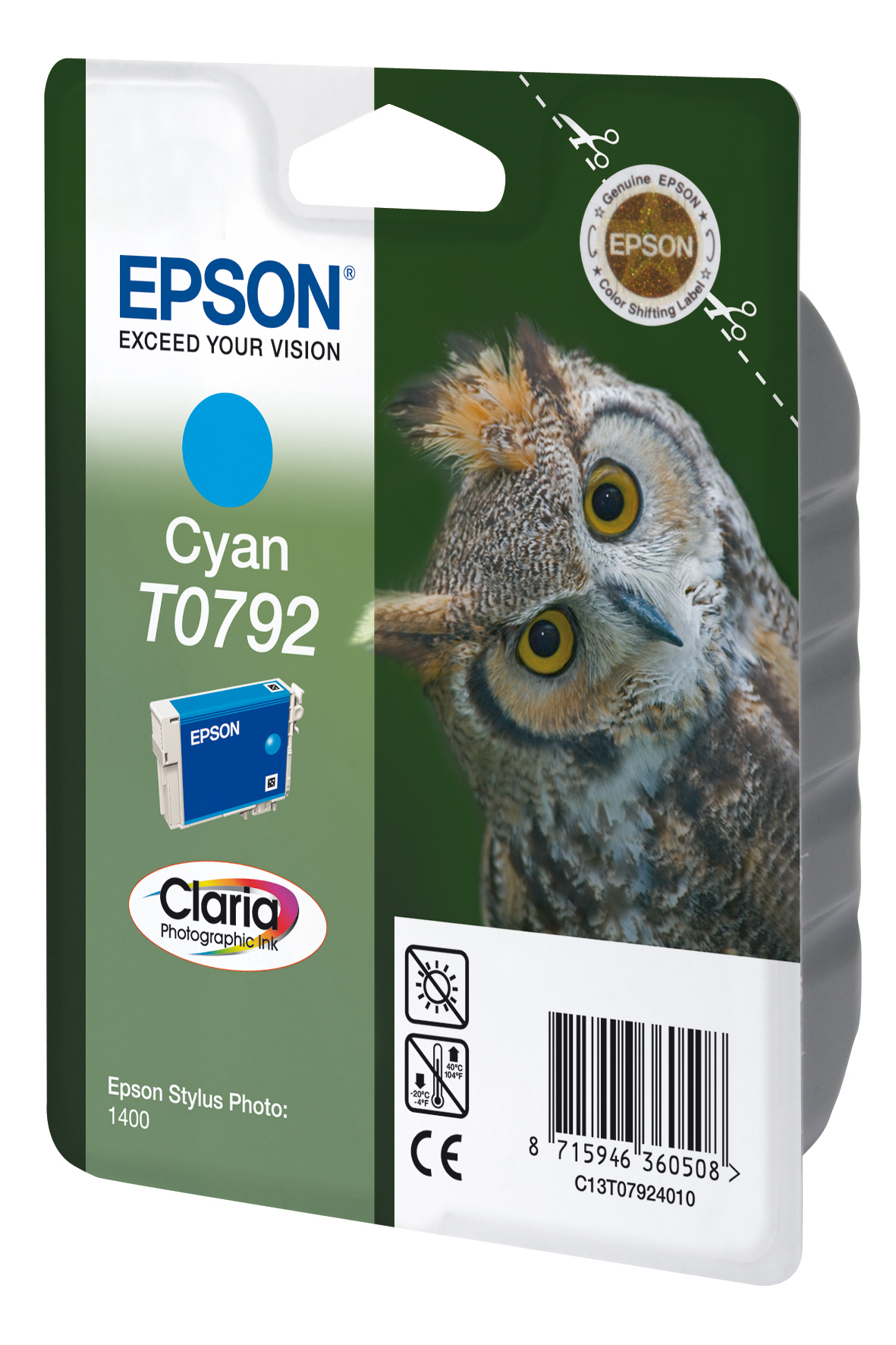Epson Cyan Tintenpatronenverpackung mit Eulenbild und Epson-Logo. Cyan-Tinte ist sichtbar.