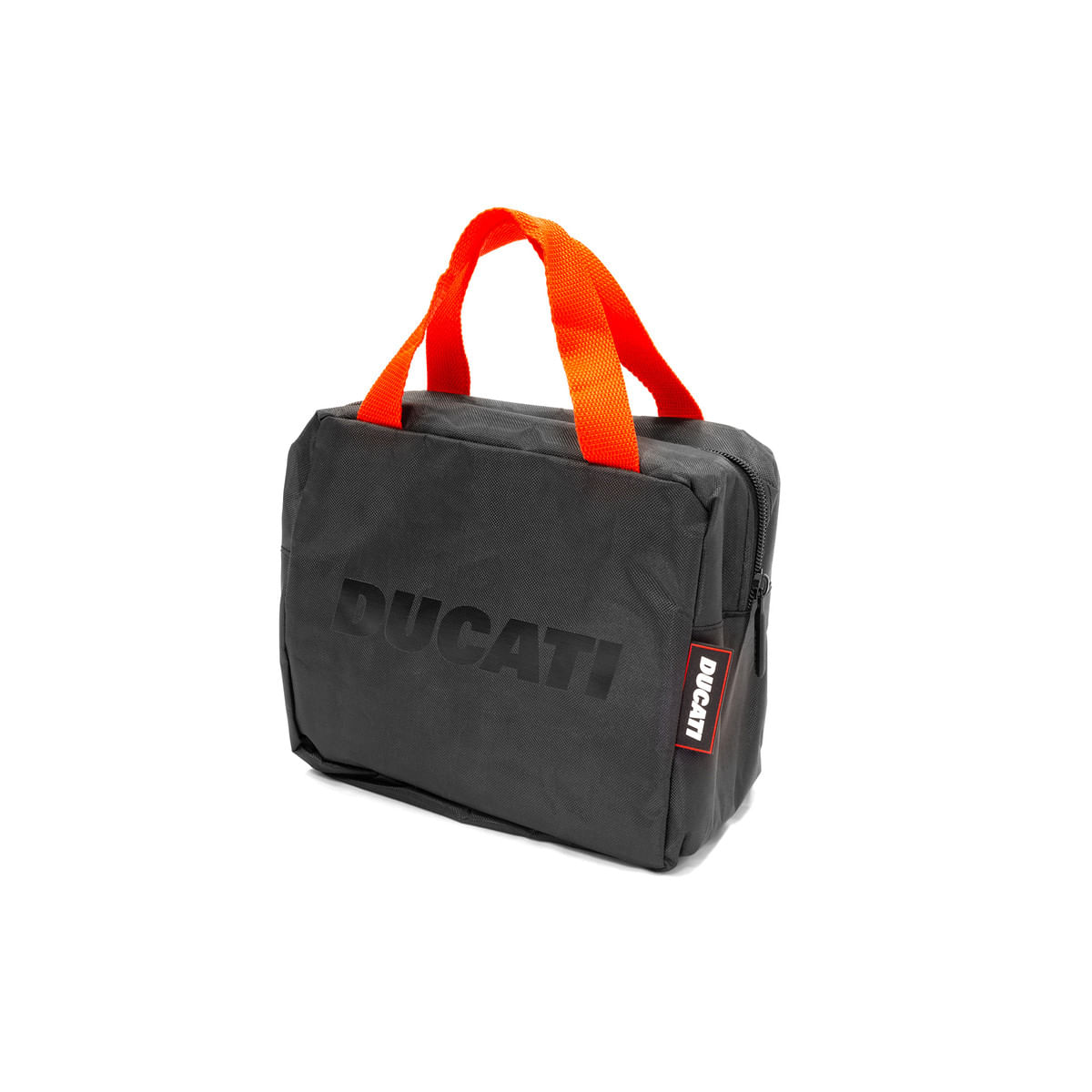 Black Ducati bag with an orange handle on a white background. Ducati logo is visible.