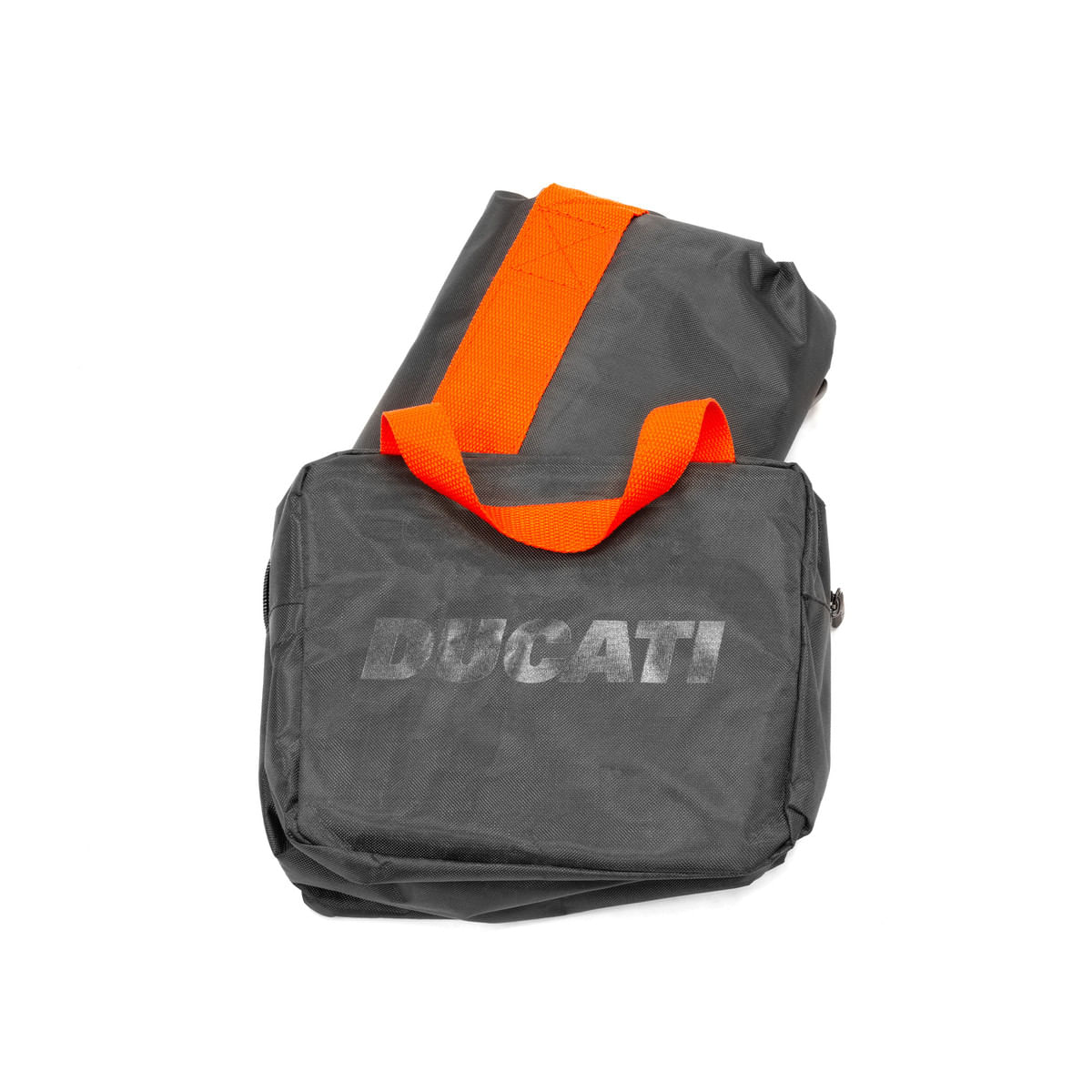 Black Ducati bag with orange handle, another bag inside, and Ducati logo on a white background.