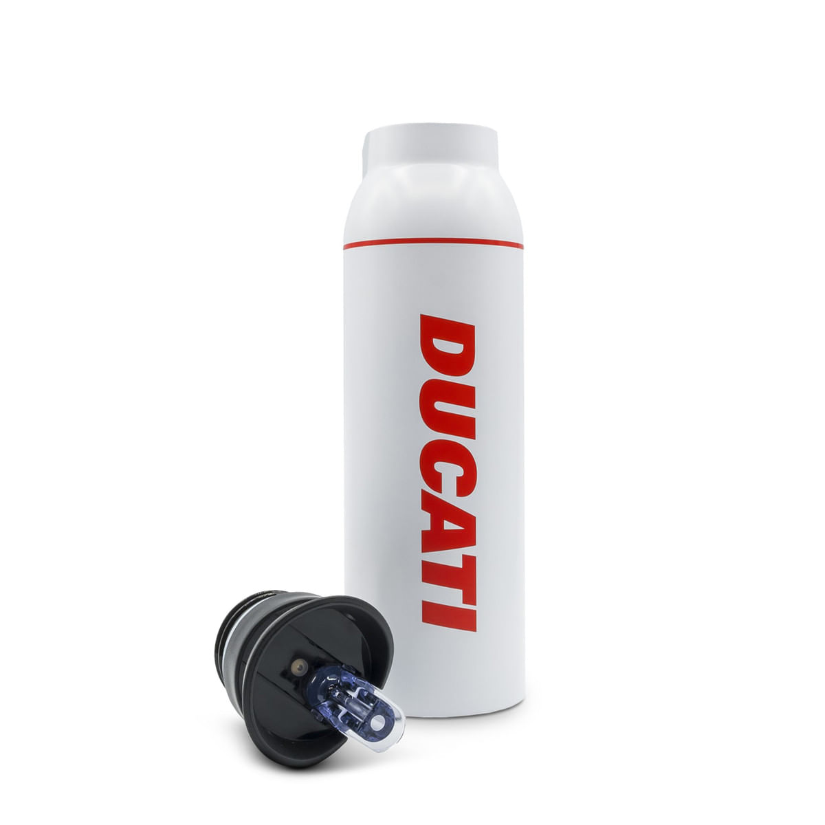 White Ducati water bottle. Red Ducati logo on the side. Black cap. White background. Lid off.
