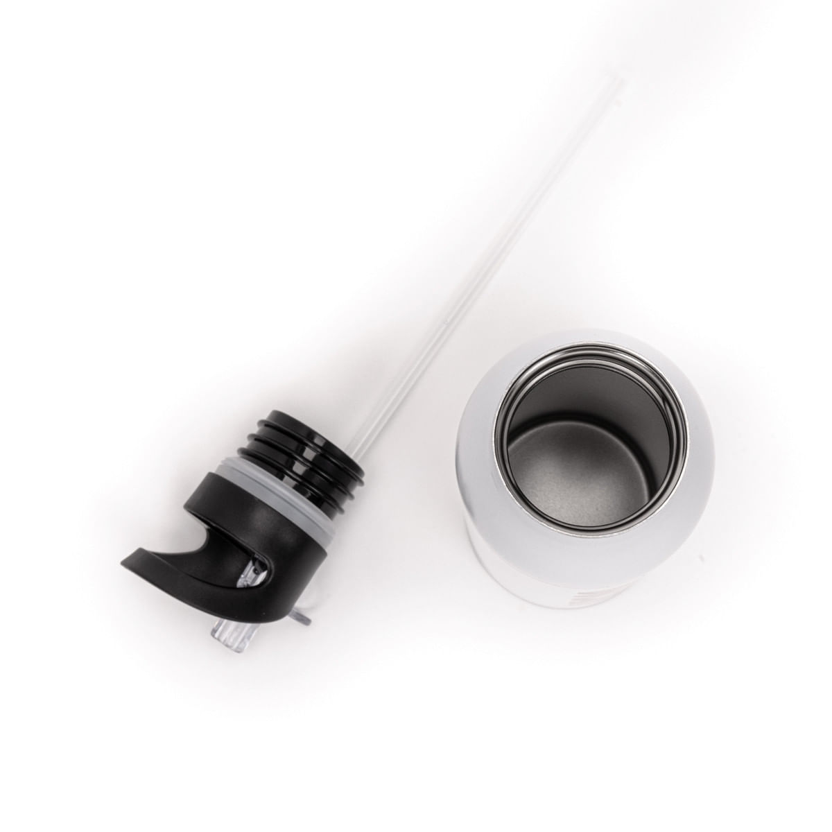 Black water bottle components: bottle, straw, and spout, all on a white background.