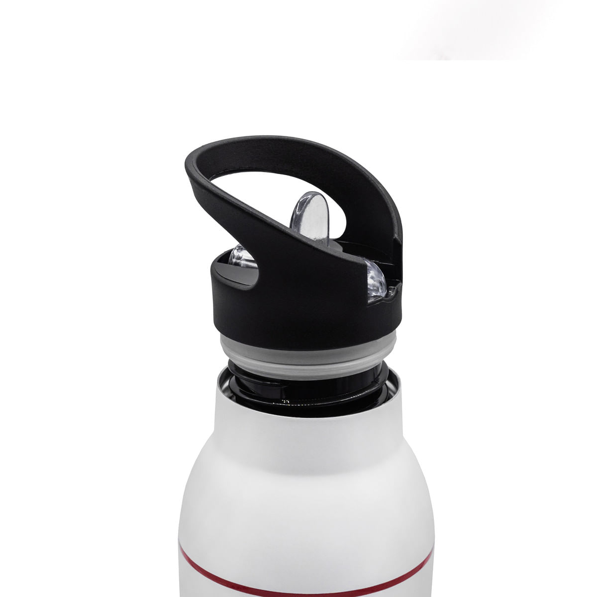 Water bottle cap. Black cap. Clear opening. White rim. White background. Close-up. Top view.