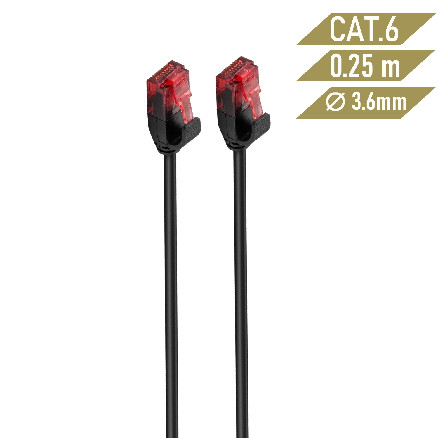 Due cavi Ethernet neri con connettori rossi. Sovrapposizione di testo: CAT.6, 0,25 m e 3,6 mm.