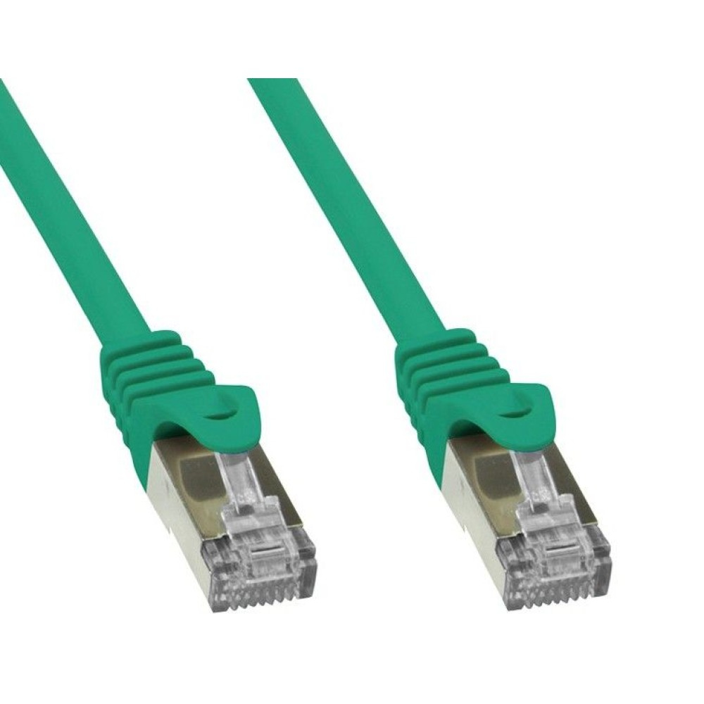 Cavo Ethernet verde con connettori verdi ed estremità argentate, su sfondo bianco.