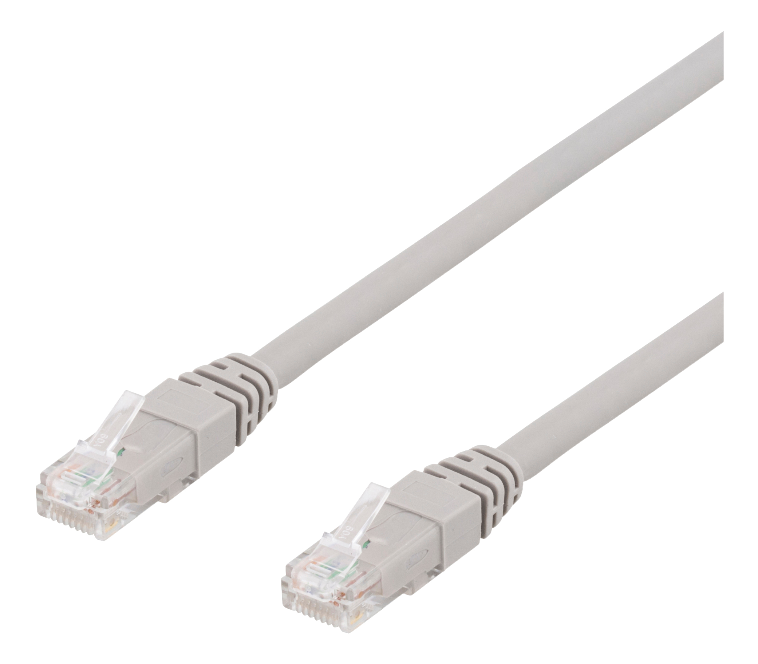 Due cavi Ethernet grigi con connettori su sfondo bianco.