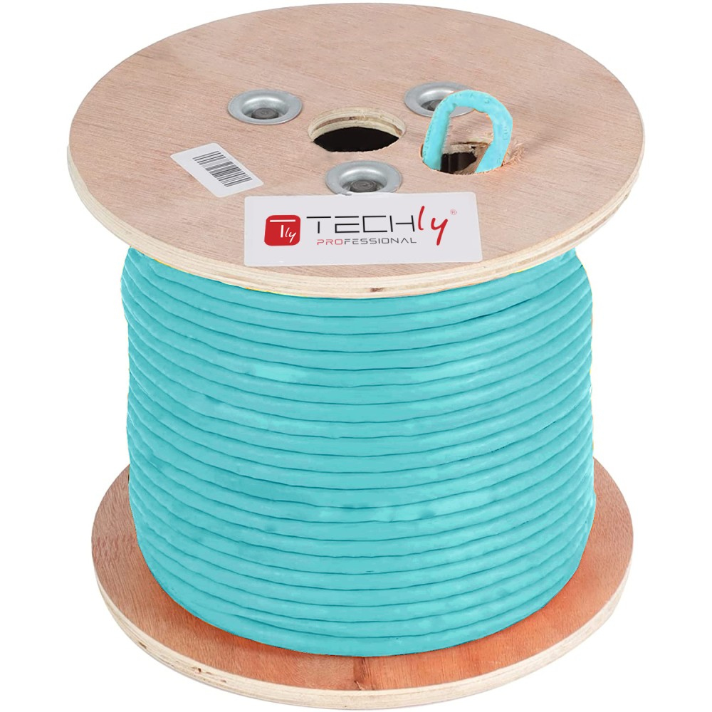 Cavo turchese avvolto attorno a una bobina di legno con manico blu.